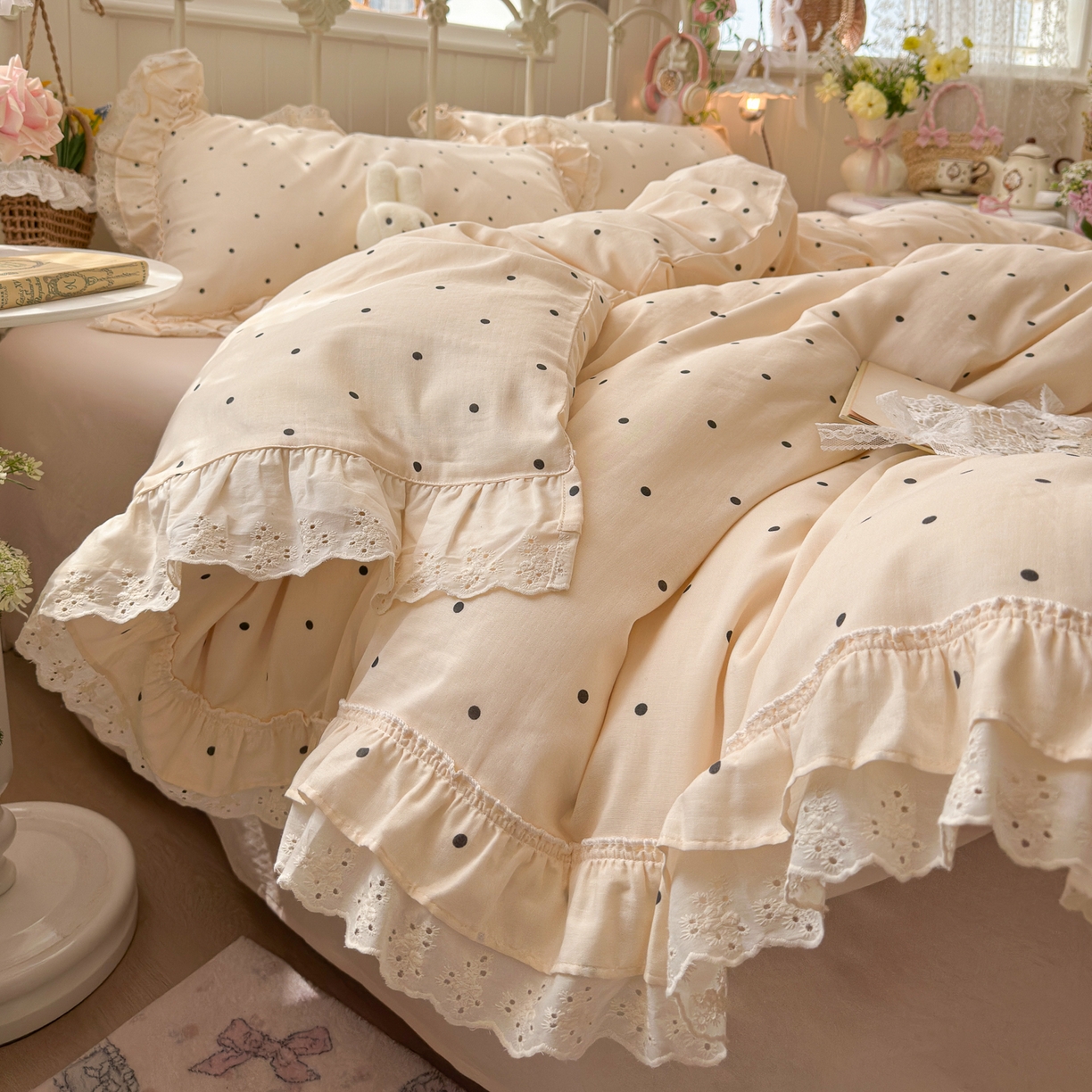 锦彩家居 2026新款A类全棉双层纱韩式花边款小清新三件套四件套INS小红书博主风-晚茶与夏系列（提供买家秀） 奶霜啵啵