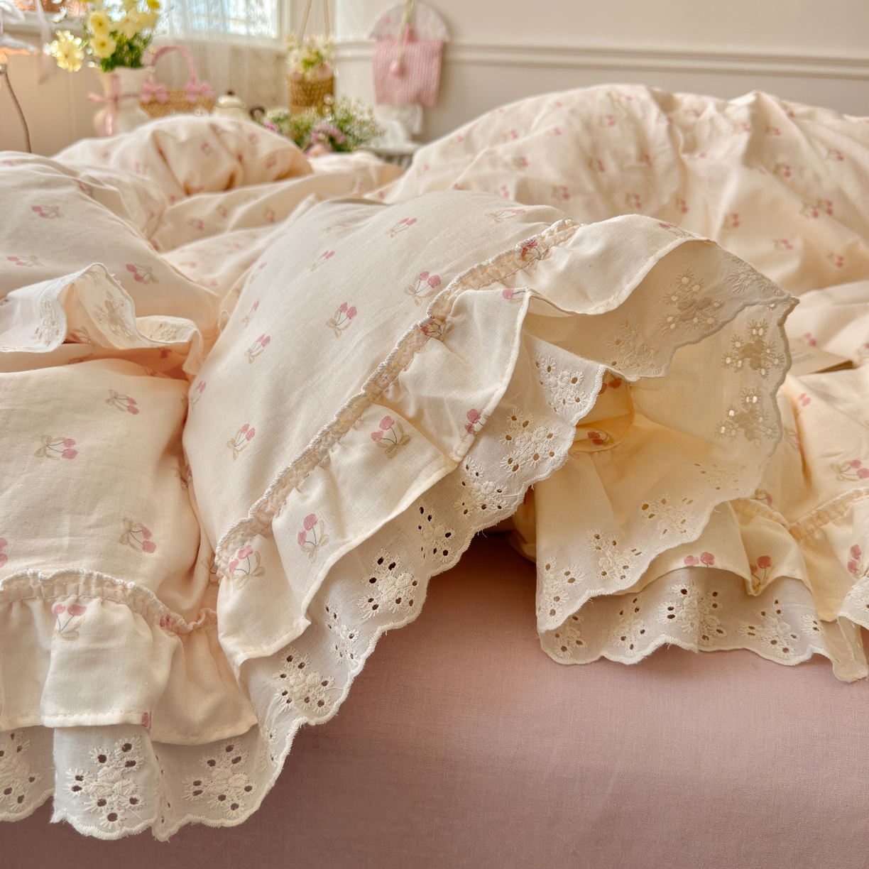 91家纺网 家纺一手货源 找家纺 锦彩家居 2026新款A类全棉双层纱韩式花边款小清新三件套四件套INS小红书博主风-晚茶与夏系列（提供买家秀） 桃桃气泡