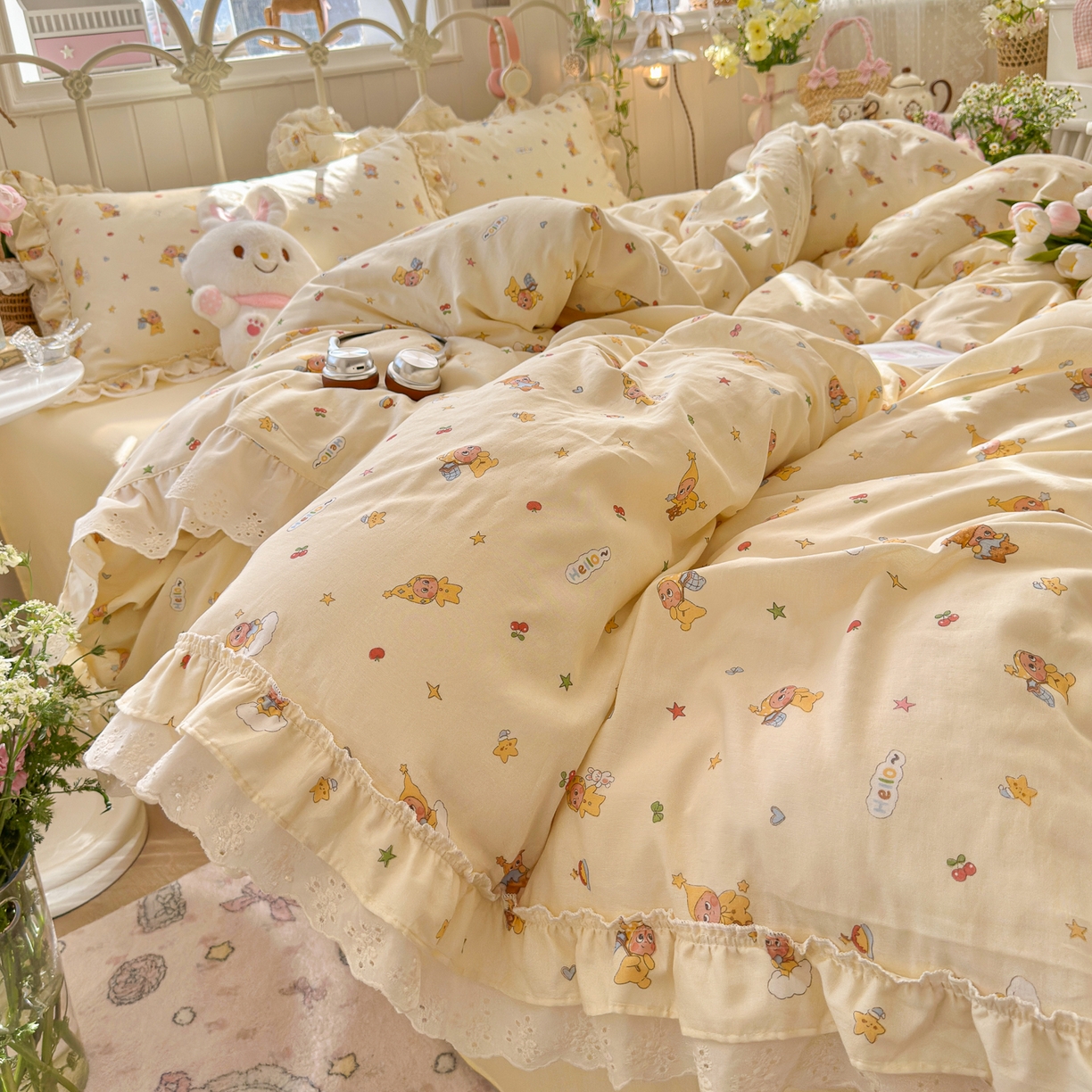 91家纺网 家纺一手货源 找家纺 锦彩家居 2026新款A类全棉双层纱韩式花边款小清新三件套四件套INS小红书博主风-晚茶与夏系列（提供买家秀） 幸运星星