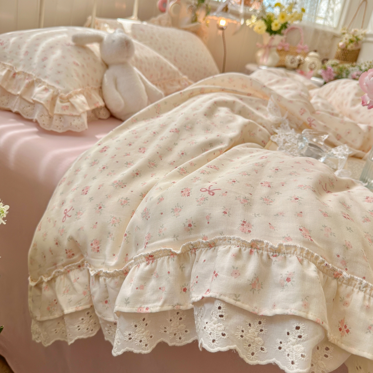 91家纺网 家纺一手货源 找家纺 锦彩家居 2026新款A类全棉双层纱韩式花边款小清新三件套四件套INS小红书博主风-晚茶与夏系列（提供买家秀） 夏日铃兰