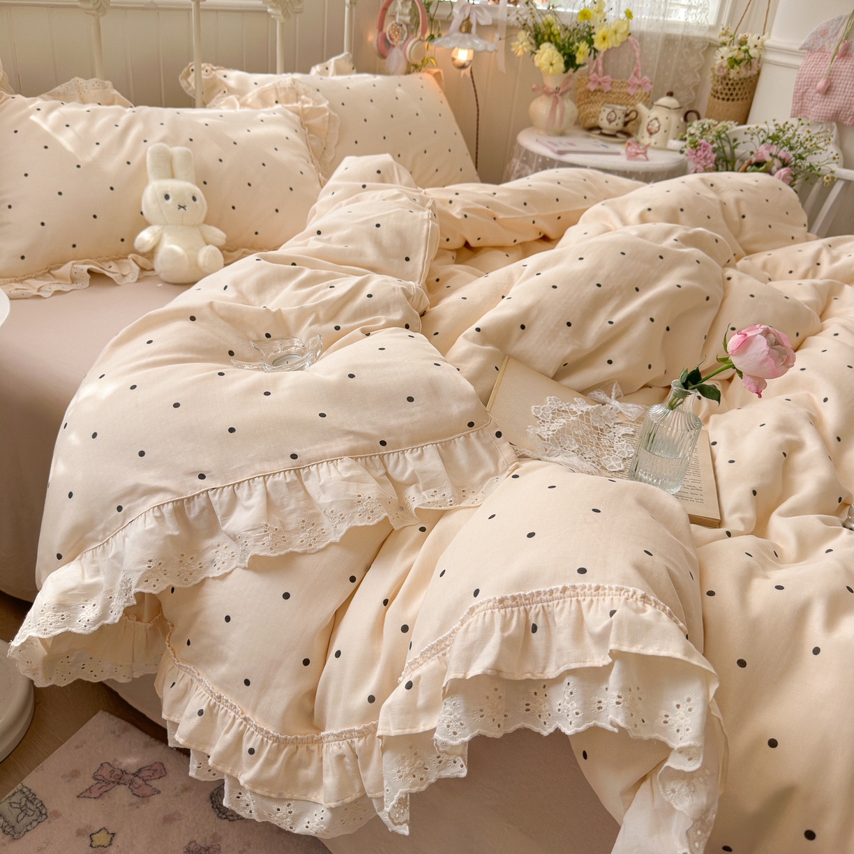 91家纺网 家纺一手货源 找家纺 锦彩家居 2026新款A类全棉双层纱韩式花边款小清新三件套四件套INS小红书博主风-晚茶与夏系列（提供买家秀） 奶霜啵啵