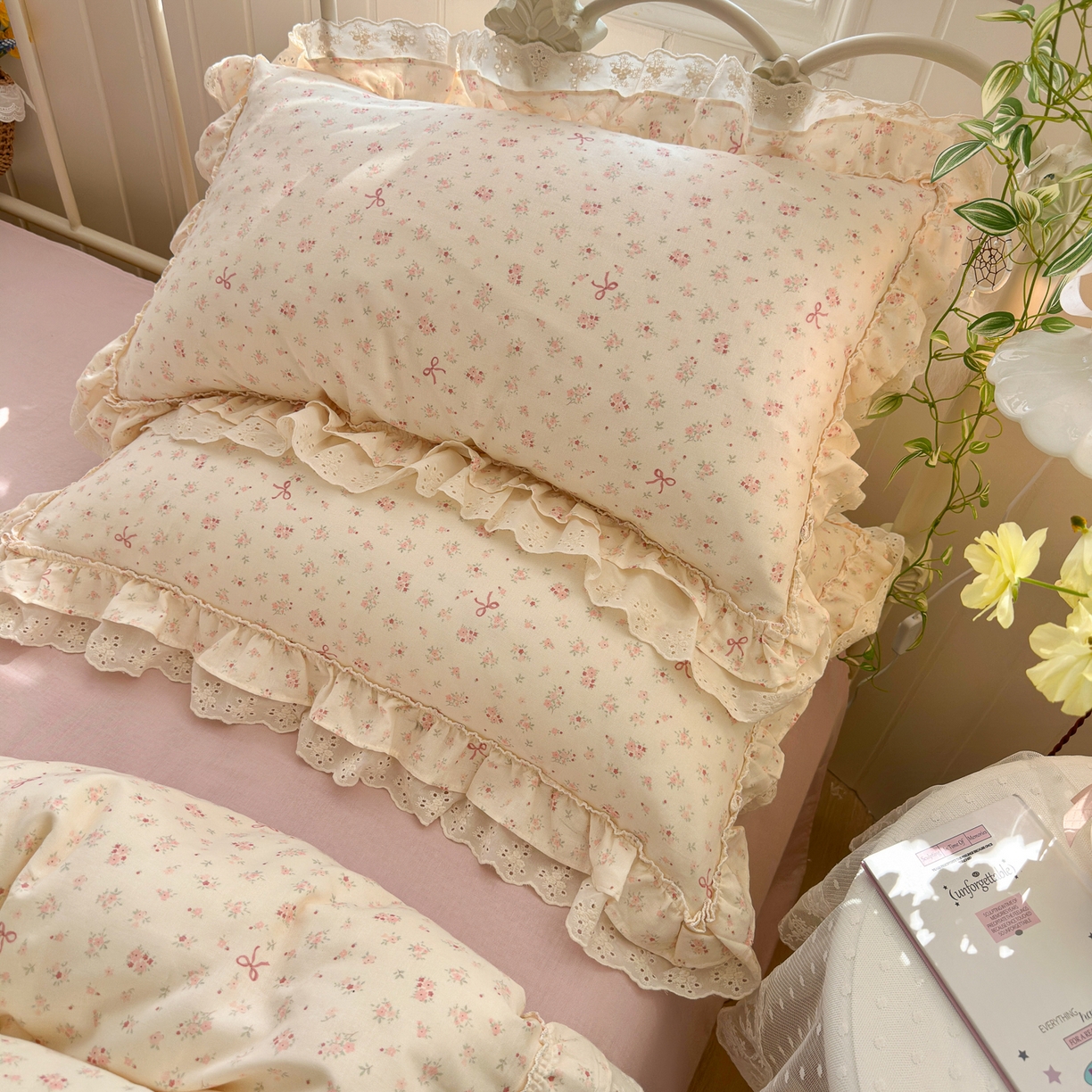 91家纺网 家纺一手货源 找家纺 锦彩家居 2026新款A类全棉双层纱韩式花边款小清新三件套四件套INS小红书博主风-晚茶与夏系列（提供买家秀） 夏日铃兰