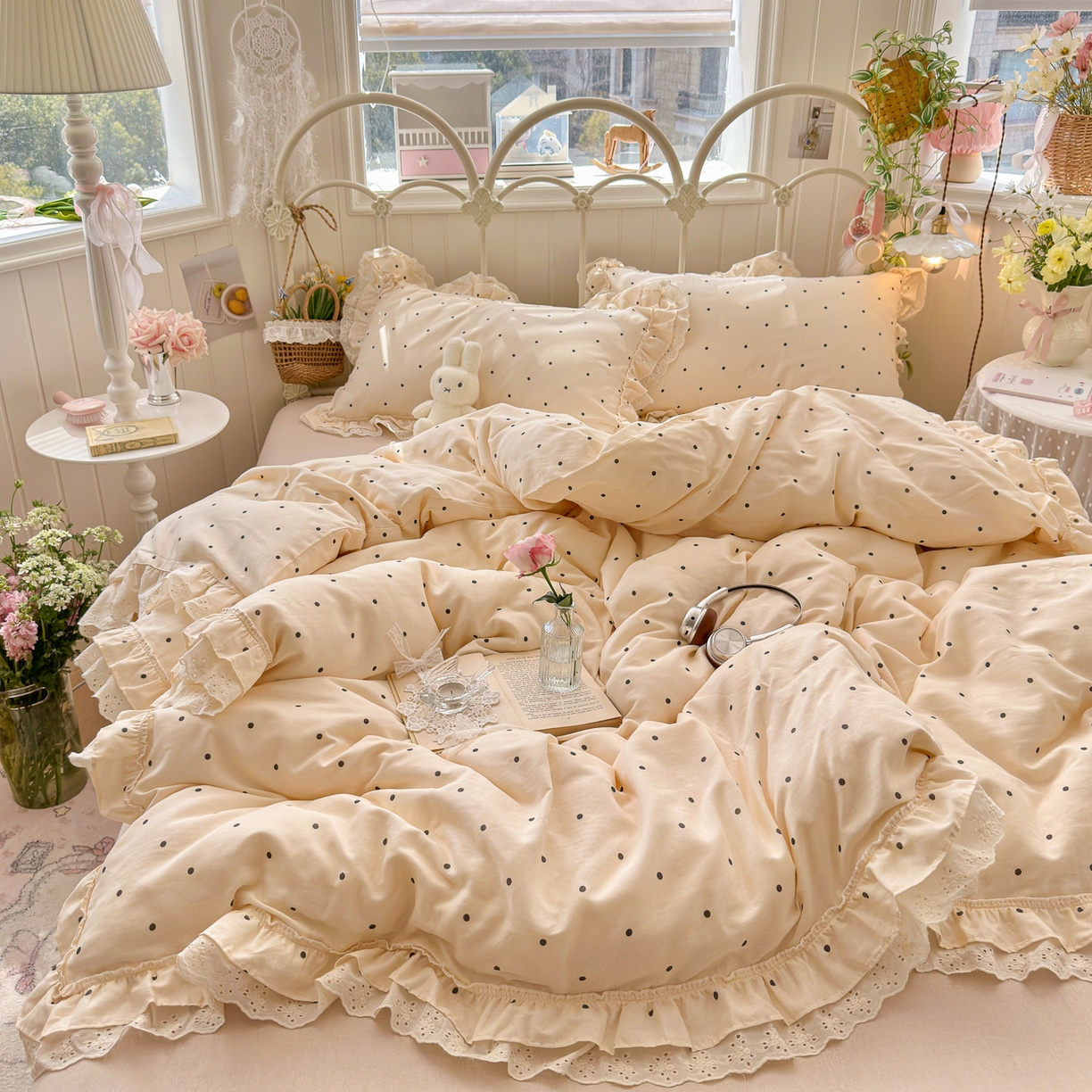 91家纺网 家纺一手货源 找家纺 锦彩家居 2026新款A类全棉双层纱韩式花边款小清新三件套四件套INS小红书博主风-晚茶与夏系列（提供买家秀） 奶霜啵啵