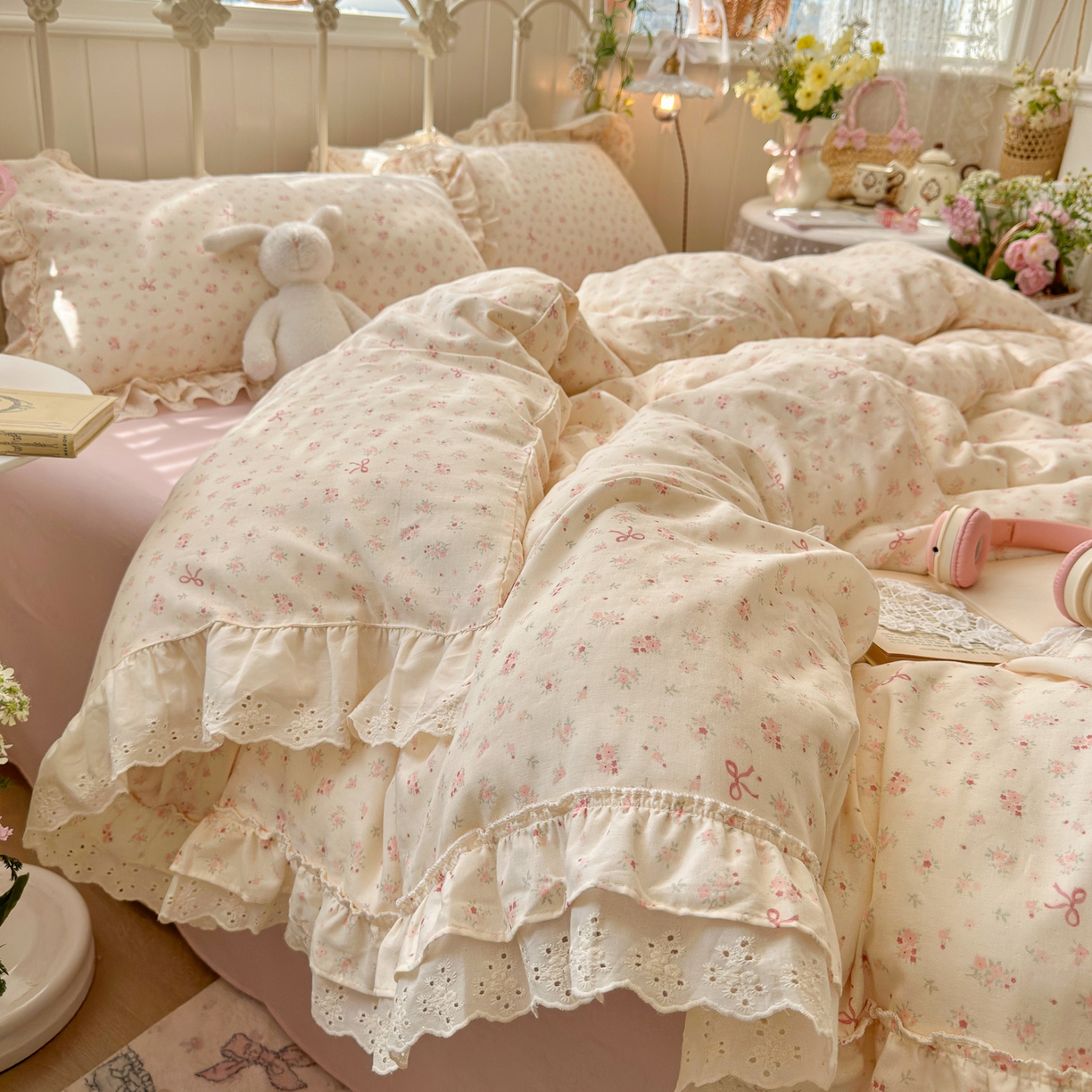 91家纺网 家纺一手货源 找家纺 锦彩家居 2026新款A类全棉双层纱韩式花边款小清新三件套四件套INS小红书博主风-晚茶与夏系列（提供买家秀） 夏日铃兰