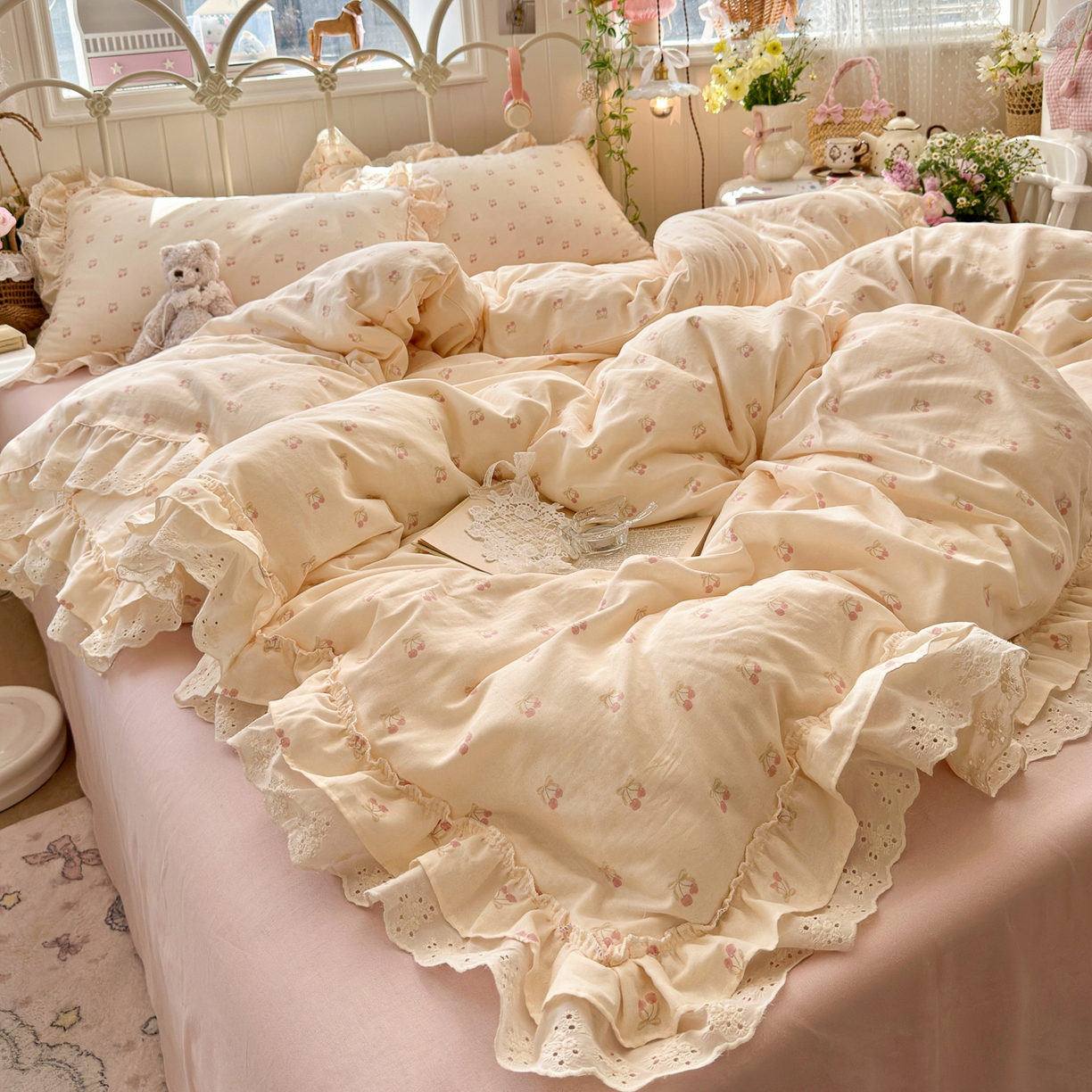 91家纺网 家纺一手货源 找家纺 锦彩家居 2026新款A类全棉双层纱韩式花边款小清新三件套四件套INS小红书博主风-晚茶与夏系列（提供买家秀） 桃桃气泡