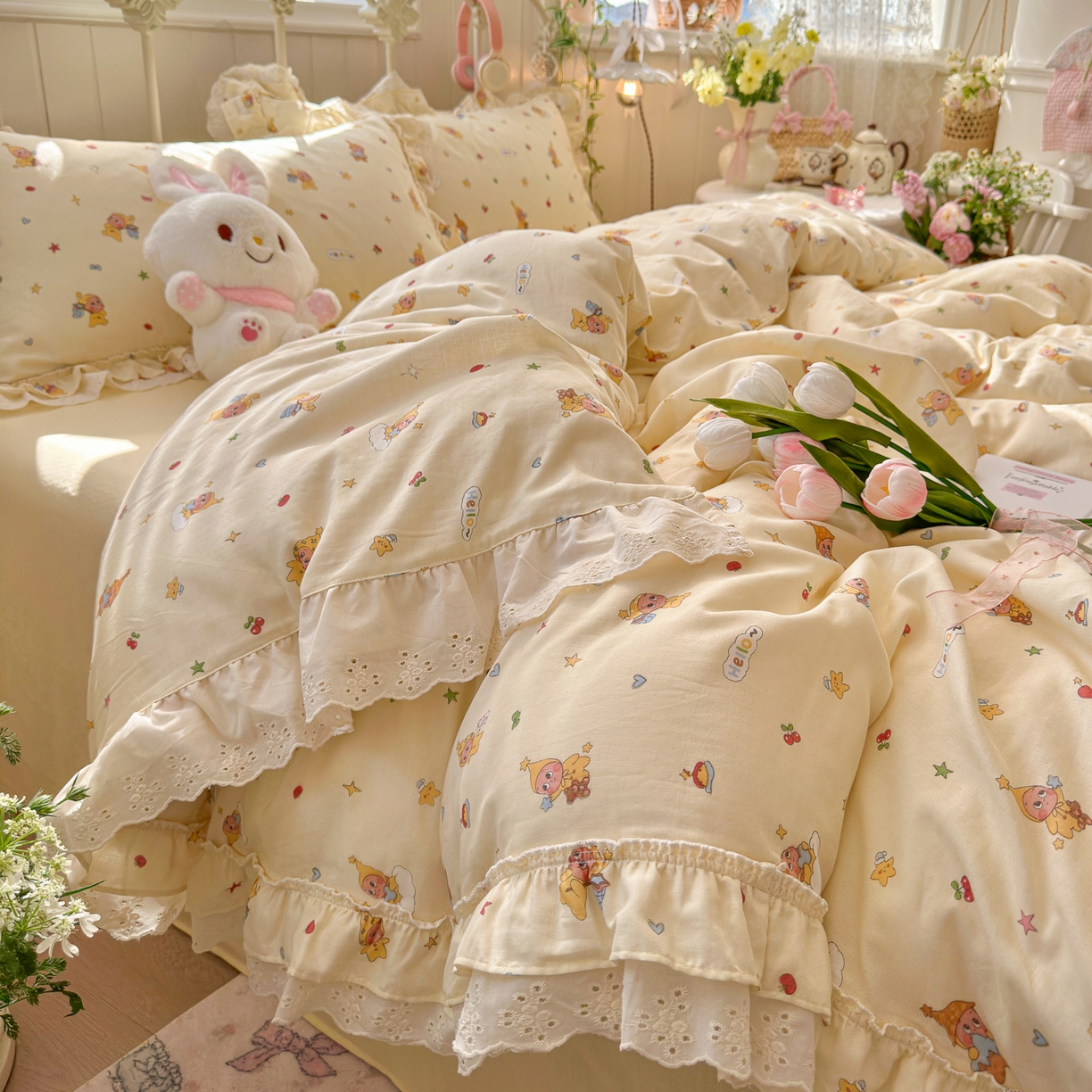 91家纺网 家纺一手货源 找家纺 锦彩家居 2026新款A类全棉双层纱韩式花边款小清新三件套四件套INS小红书博主风-晚茶与夏系列（提供买家秀） 幸运星星