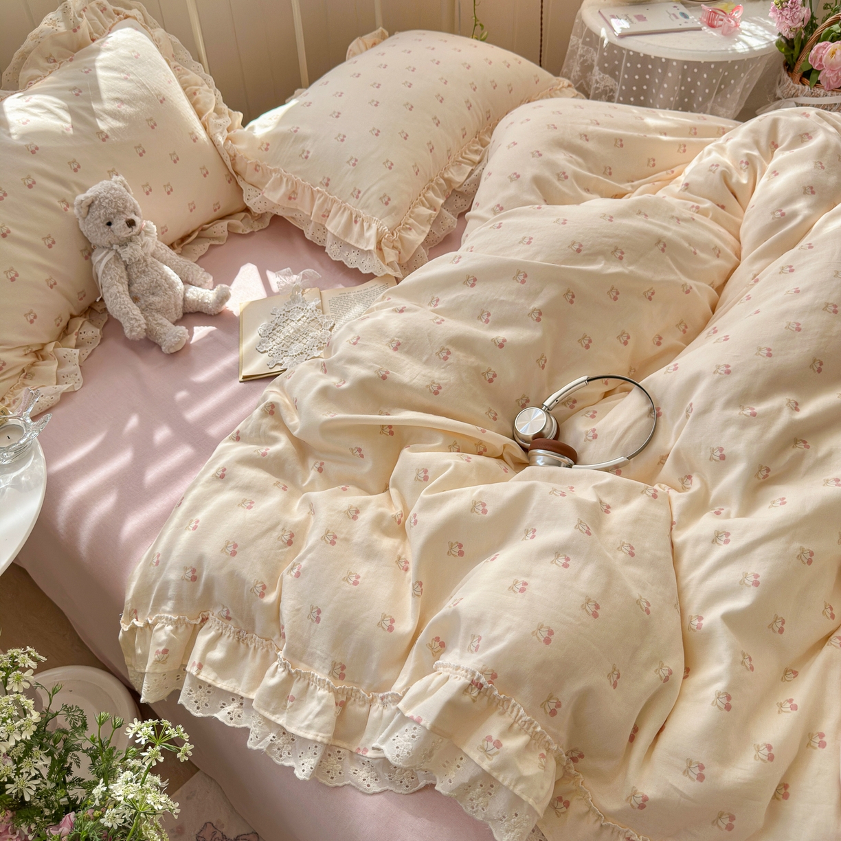 91家纺网 家纺一手货源 找家纺 锦彩家居 2026新款A类全棉双层纱韩式花边款小清新三件套四件套INS小红书博主风-晚茶与夏系列（提供买家秀） 桃桃气泡