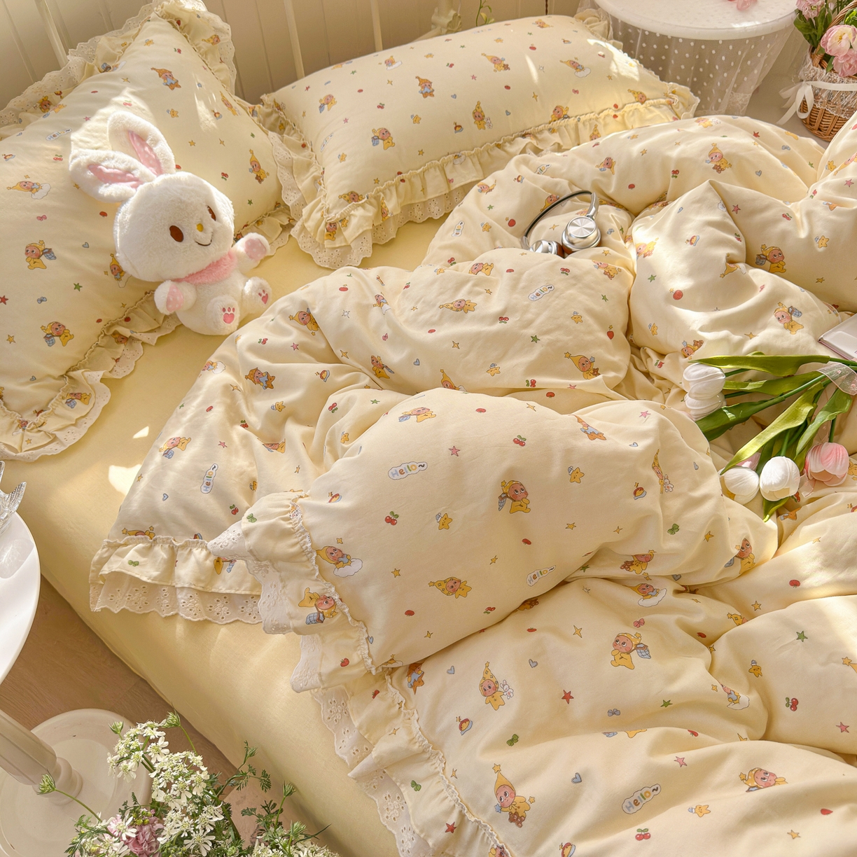 91家纺网 家纺一手货源 找家纺 锦彩家居 2026新款A类全棉双层纱韩式花边款小清新三件套四件套INS小红书博主风-晚茶与夏系列（提供买家秀） 幸运星星