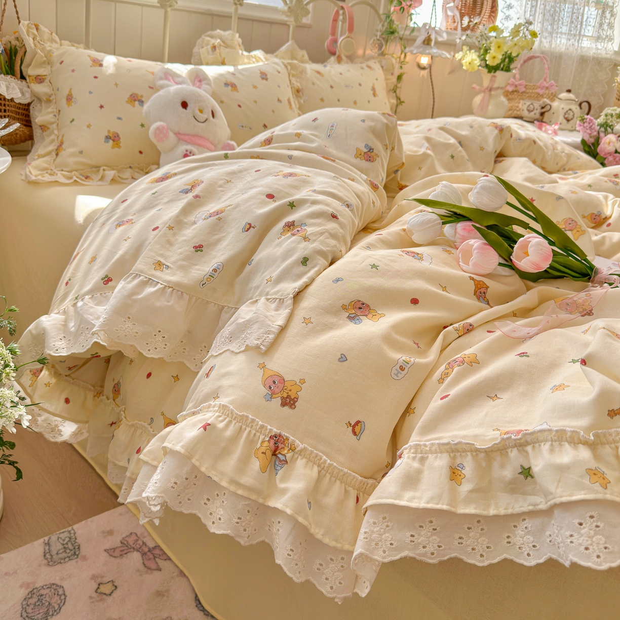 锦彩家居 2026新款A类全棉双层纱韩式花边款小清新三件套四件套INS小红书博主风-晚茶与夏系列（提供买家秀） 幸运星星