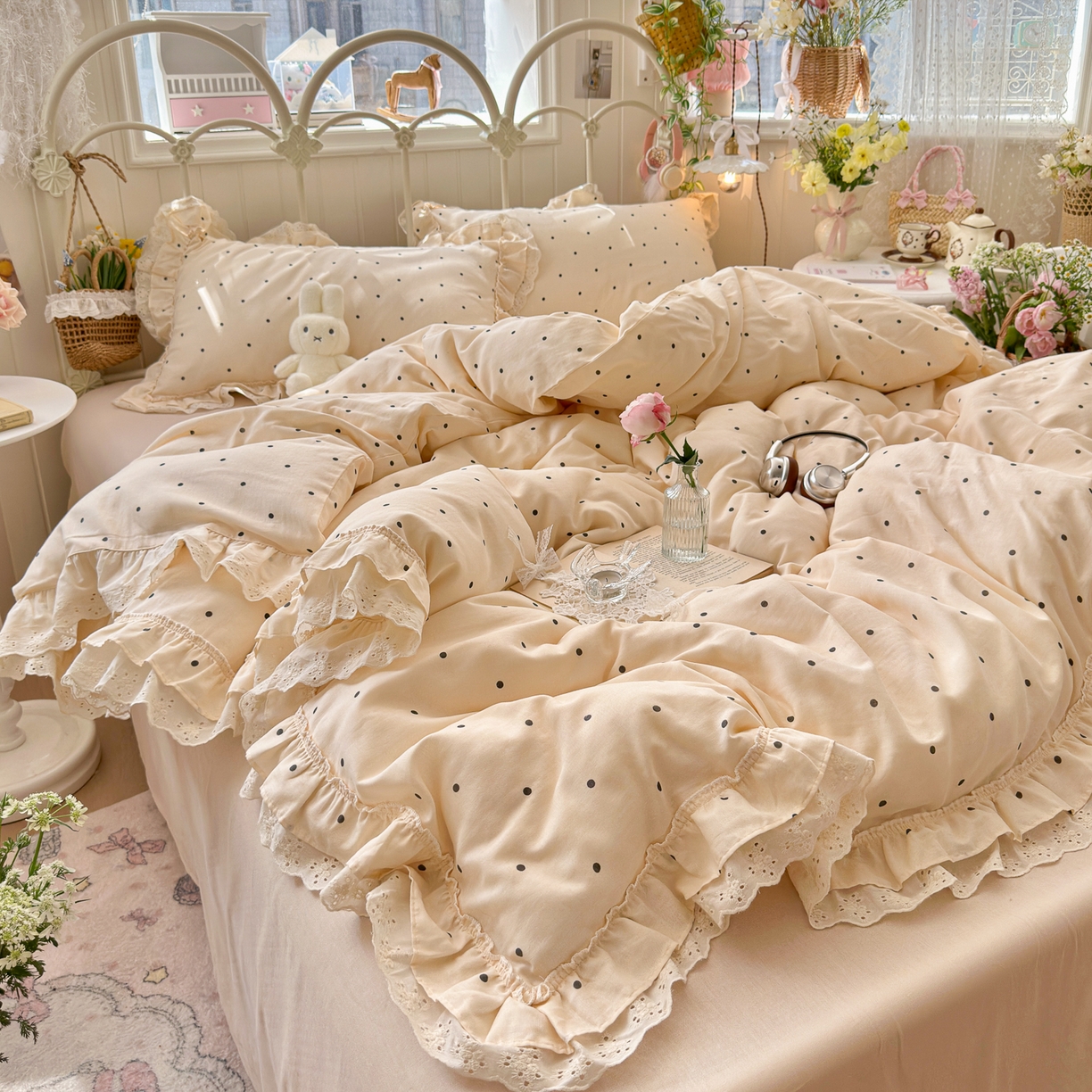 91家纺网 家纺一手货源 找家纺 锦彩家居 2026新款A类全棉双层纱韩式花边款小清新三件套四件套INS小红书博主风-晚茶与夏系列（提供买家秀） 奶霜啵啵