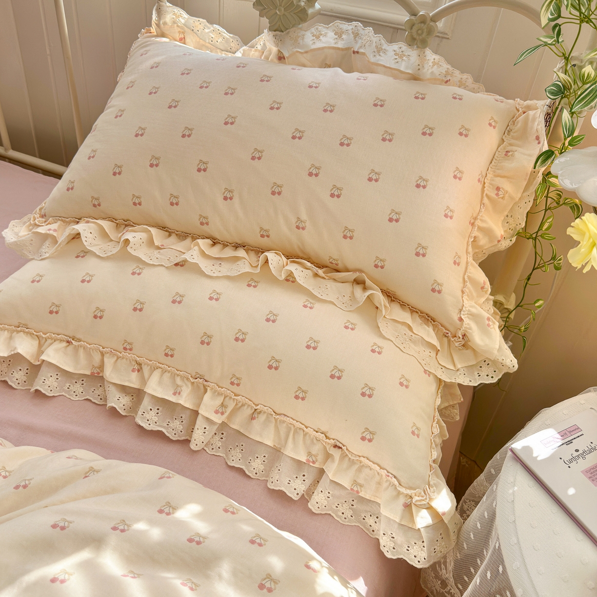 91家纺网 家纺一手货源 找家纺 锦彩家居 2026新款A类全棉双层纱韩式花边款小清新三件套四件套INS小红书博主风-晚茶与夏系列（提供买家秀） 桃桃气泡