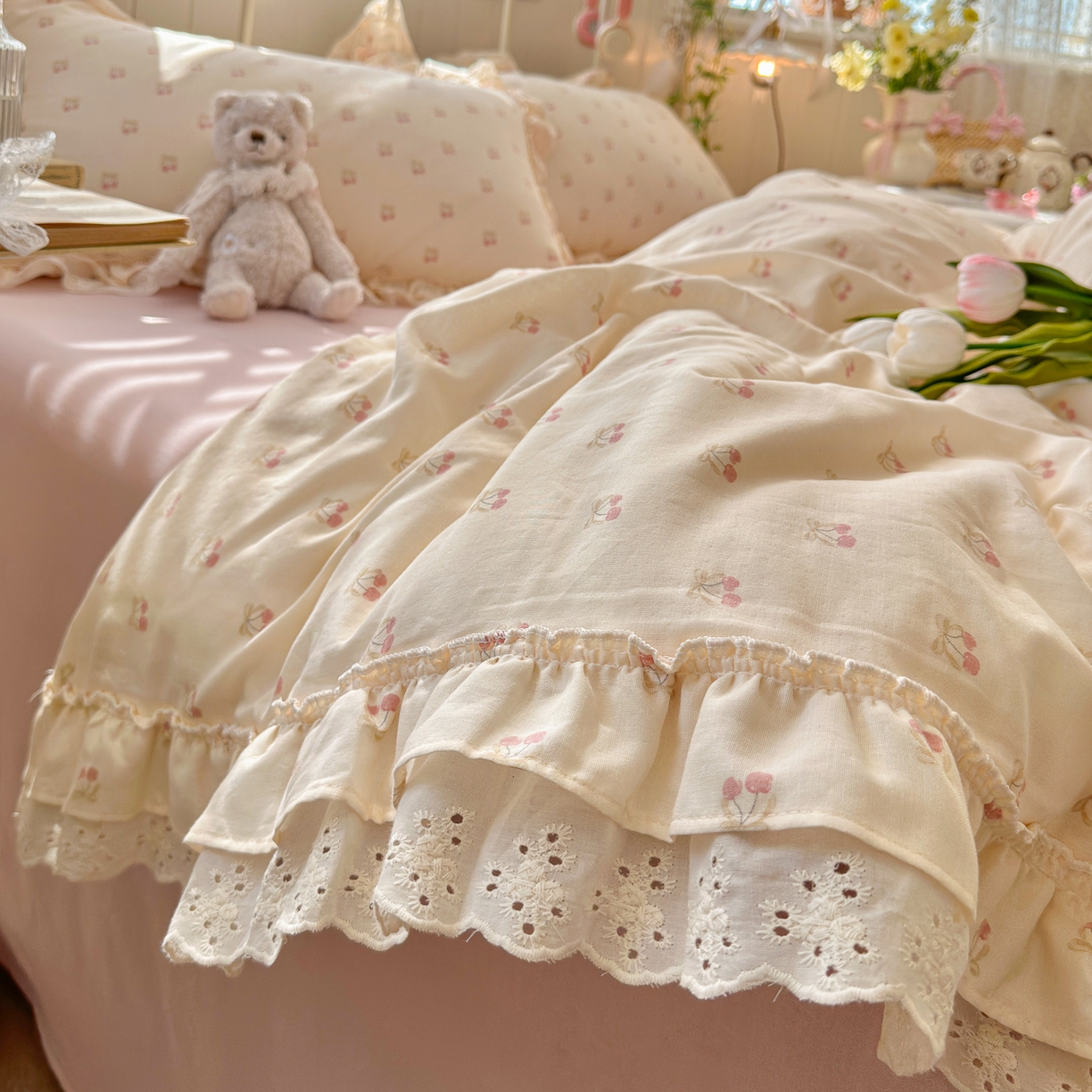 91家纺网 家纺一手货源 找家纺 锦彩家居 2026新款A类全棉双层纱韩式花边款小清新三件套四件套INS小红书博主风-晚茶与夏系列（提供买家秀） 桃桃气泡