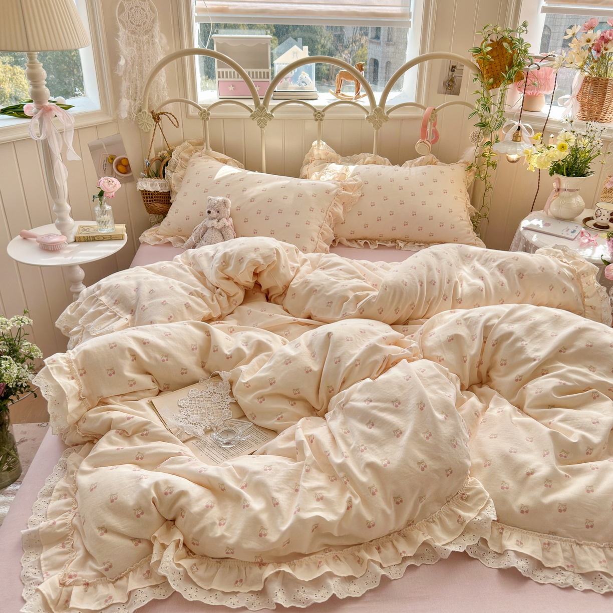 91家纺网 家纺一手货源 找家纺 锦彩家居 2026新款A类全棉双层纱韩式花边款小清新三件套四件套INS小红书博主风-晚茶与夏系列（提供买家秀） 桃桃气泡