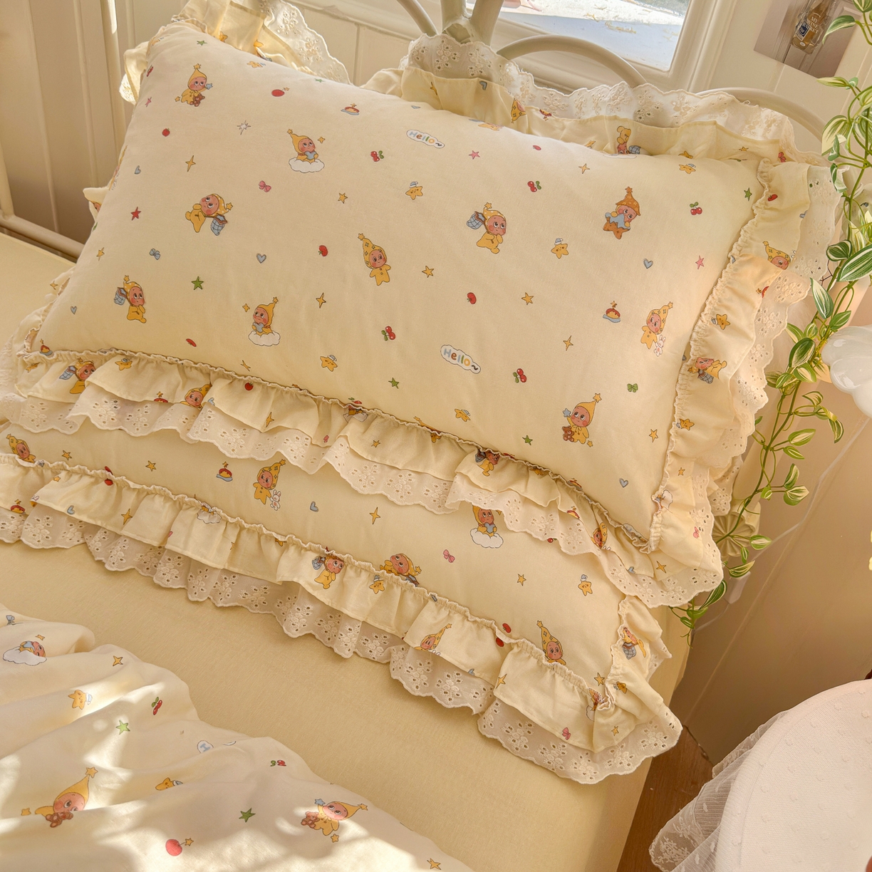 91家纺网 家纺一手货源 找家纺 锦彩家居 2026新款A类全棉双层纱韩式花边款小清新三件套四件套INS小红书博主风-晚茶与夏系列（提供买家秀） 幸运星星