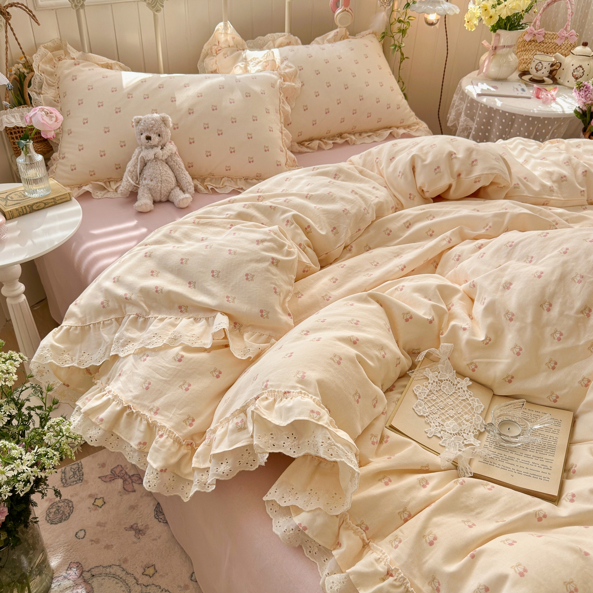 91家纺网 家纺一手货源 找家纺 锦彩家居 2026新款A类全棉双层纱韩式花边款小清新三件套四件套INS小红书博主风-晚茶与夏系列（提供买家秀） 桃桃气泡
