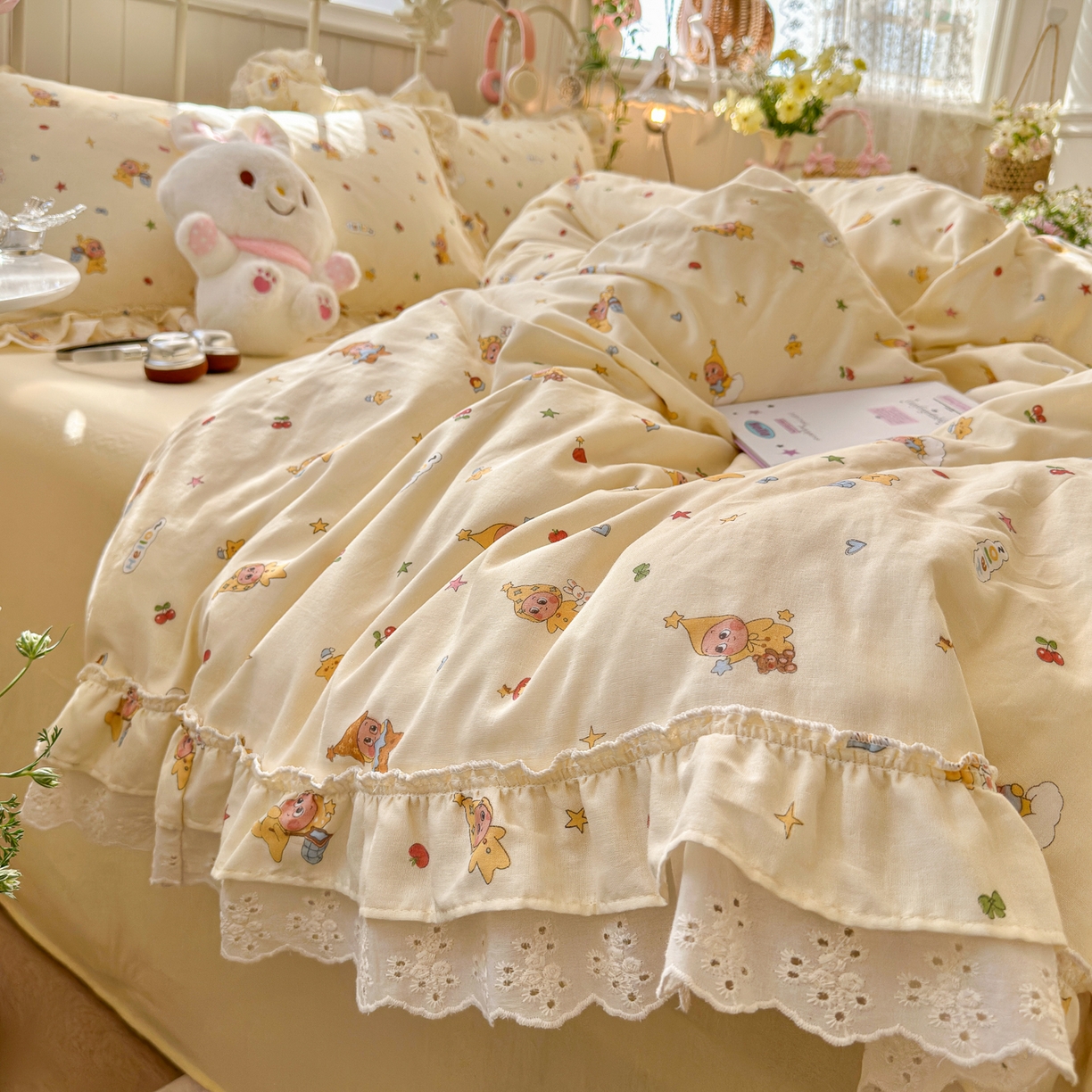 91家纺网 家纺一手货源 找家纺 锦彩家居 2026新款A类全棉双层纱韩式花边款小清新三件套四件套INS小红书博主风-晚茶与夏系列（提供买家秀） 幸运星星