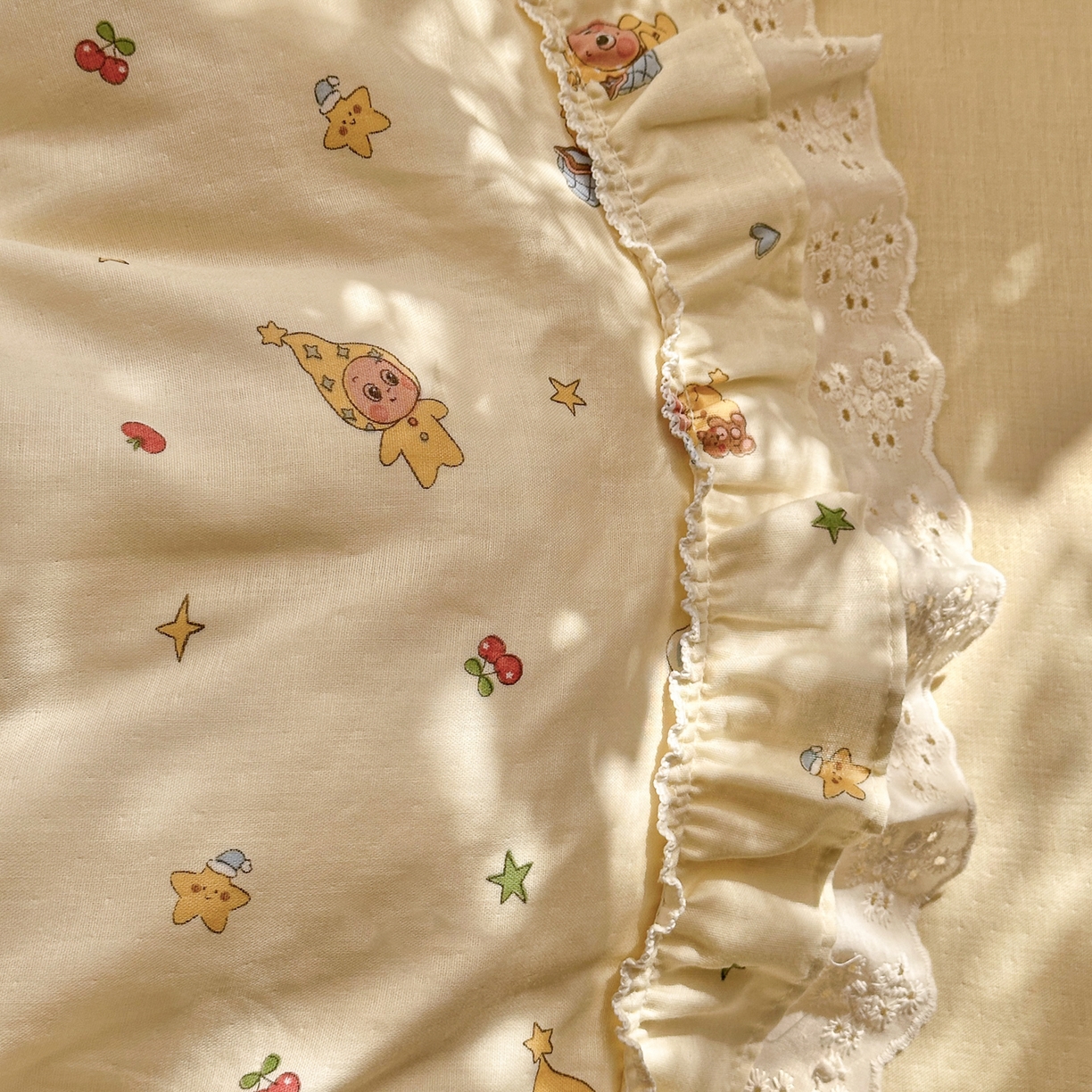 91家纺网 家纺一手货源 找家纺 锦彩家居 2026新款A类全棉双层纱韩式花边款小清新三件套四件套INS小红书博主风-晚茶与夏系列（提供买家秀） 幸运星星