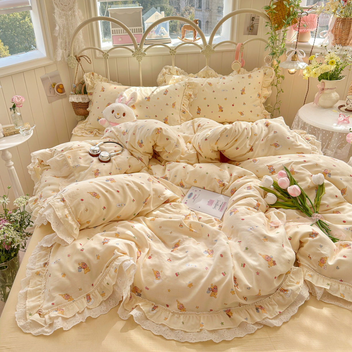 91家纺网 家纺一手货源 找家纺 锦彩家居 2026新款A类全棉双层纱韩式花边款小清新三件套四件套INS小红书博主风-晚茶与夏系列（提供买家秀） 幸运星星