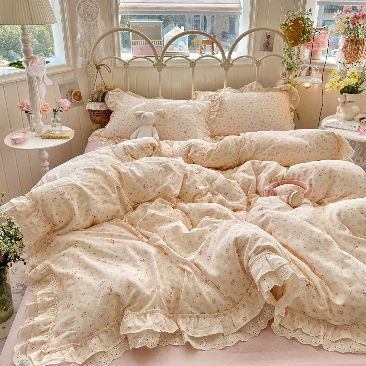 91家纺网 家纺一手货源 找家纺 锦彩家居 2026新款A类全棉双层纱韩式花边款小清新三件套四件套INS小红书博主风-晚茶与夏系列（提供买家秀） 夏日铃兰