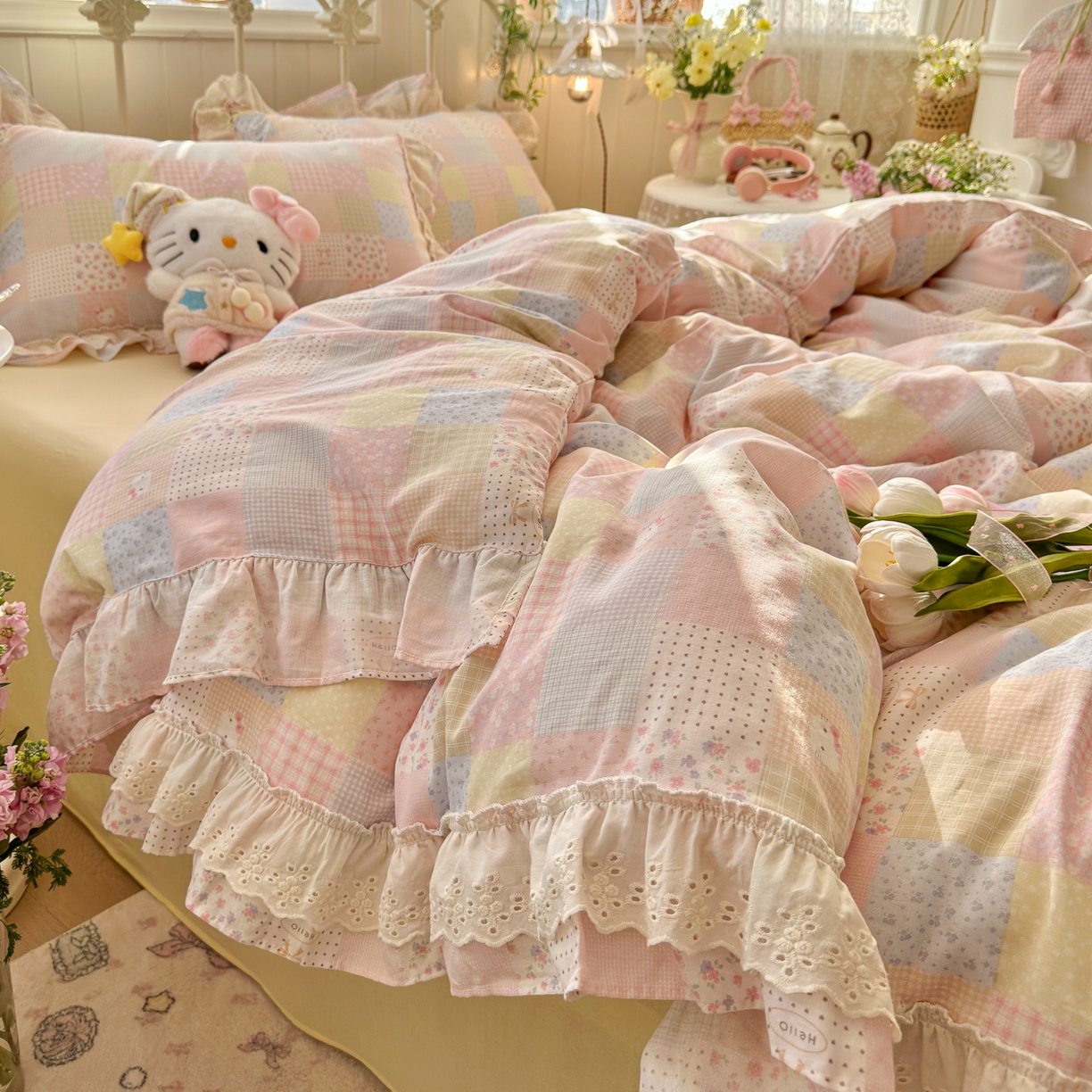 91家纺网 家纺一手货源 找家纺 锦彩家居 2026新款A类全棉双层纱韩式花边款小清新三件套四件套INS小红书博主风-晚茶与夏系列（提供买家秀） 甜心花猫