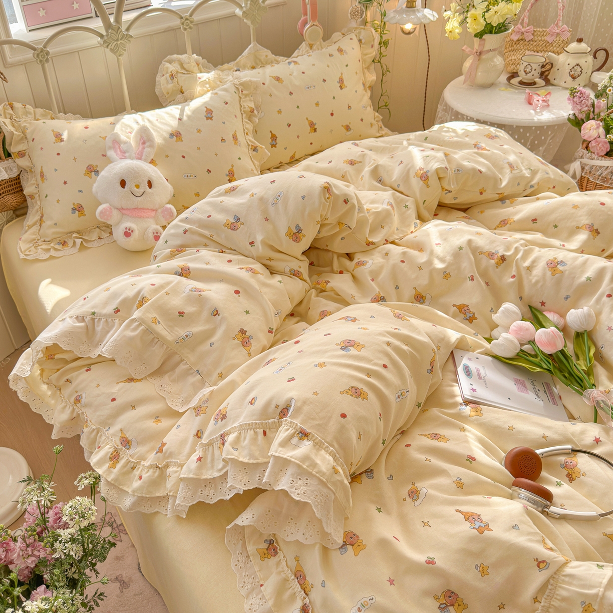 91家纺网 家纺一手货源 找家纺 锦彩家居 2026新款A类全棉双层纱韩式花边款小清新三件套四件套INS小红书博主风-晚茶与夏系列（提供买家秀） 幸运星星