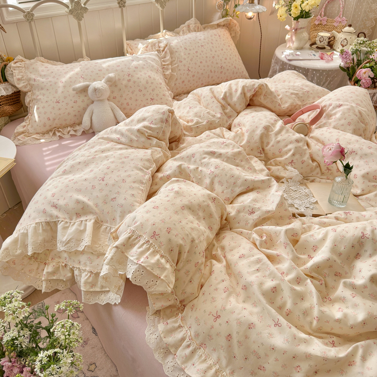 91家纺网 家纺一手货源 找家纺 锦彩家居 2026新款A类全棉双层纱韩式花边款小清新三件套四件套INS小红书博主风-晚茶与夏系列（提供买家秀） 夏日铃兰