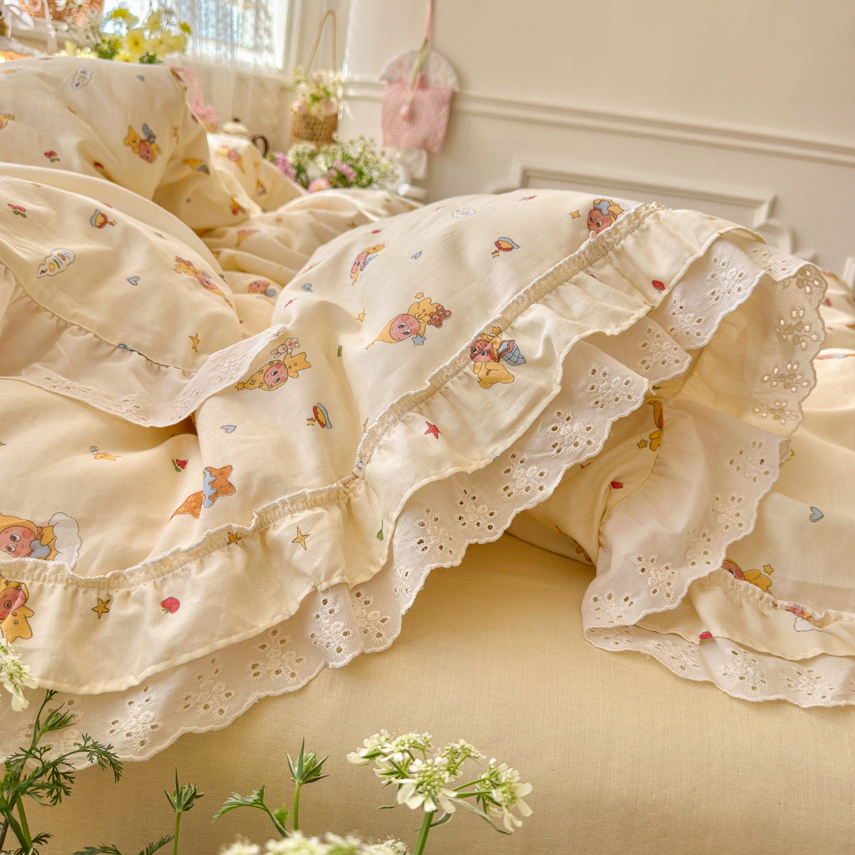 91家纺网 家纺一手货源 找家纺 锦彩家居 2026新款A类全棉双层纱韩式花边款小清新三件套四件套INS小红书博主风-晚茶与夏系列（提供买家秀） 幸运星星