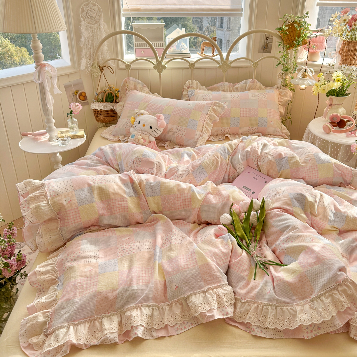 91家纺网 家纺一手货源 找家纺 锦彩家居 2026新款A类全棉双层纱韩式花边款小清新三件套四件套INS小红书博主风-晚茶与夏系列（提供买家秀） 甜心花猫