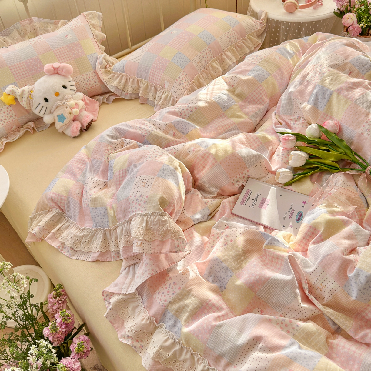 91家纺网 家纺一手货源 找家纺 锦彩家居 2026新款A类全棉双层纱韩式花边款小清新三件套四件套INS小红书博主风-晚茶与夏系列（提供买家秀） 甜心花猫