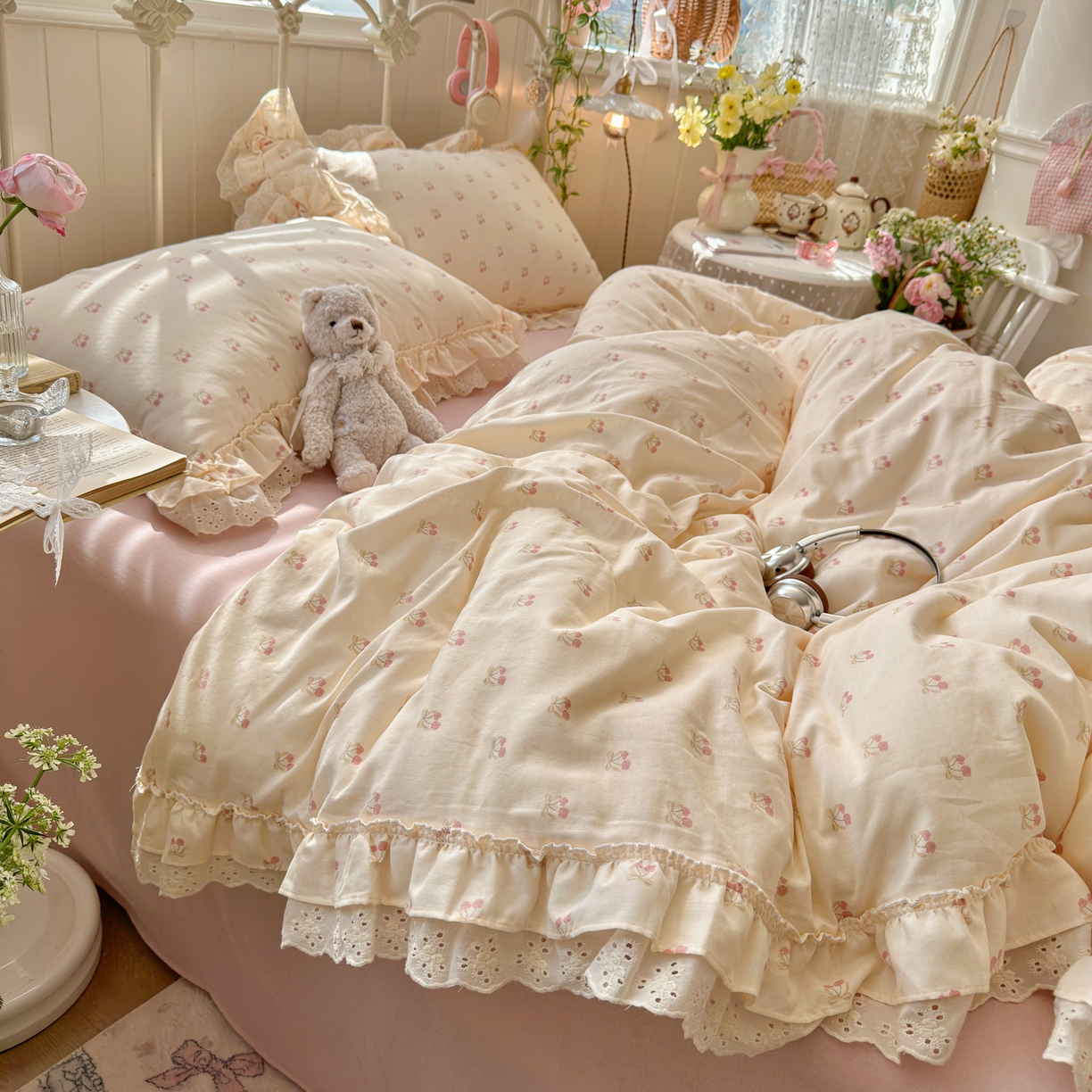 91家纺网 家纺一手货源 找家纺 锦彩家居 2026新款A类全棉双层纱韩式花边款小清新三件套四件套INS小红书博主风-晚茶与夏系列（提供买家秀） 桃桃气泡