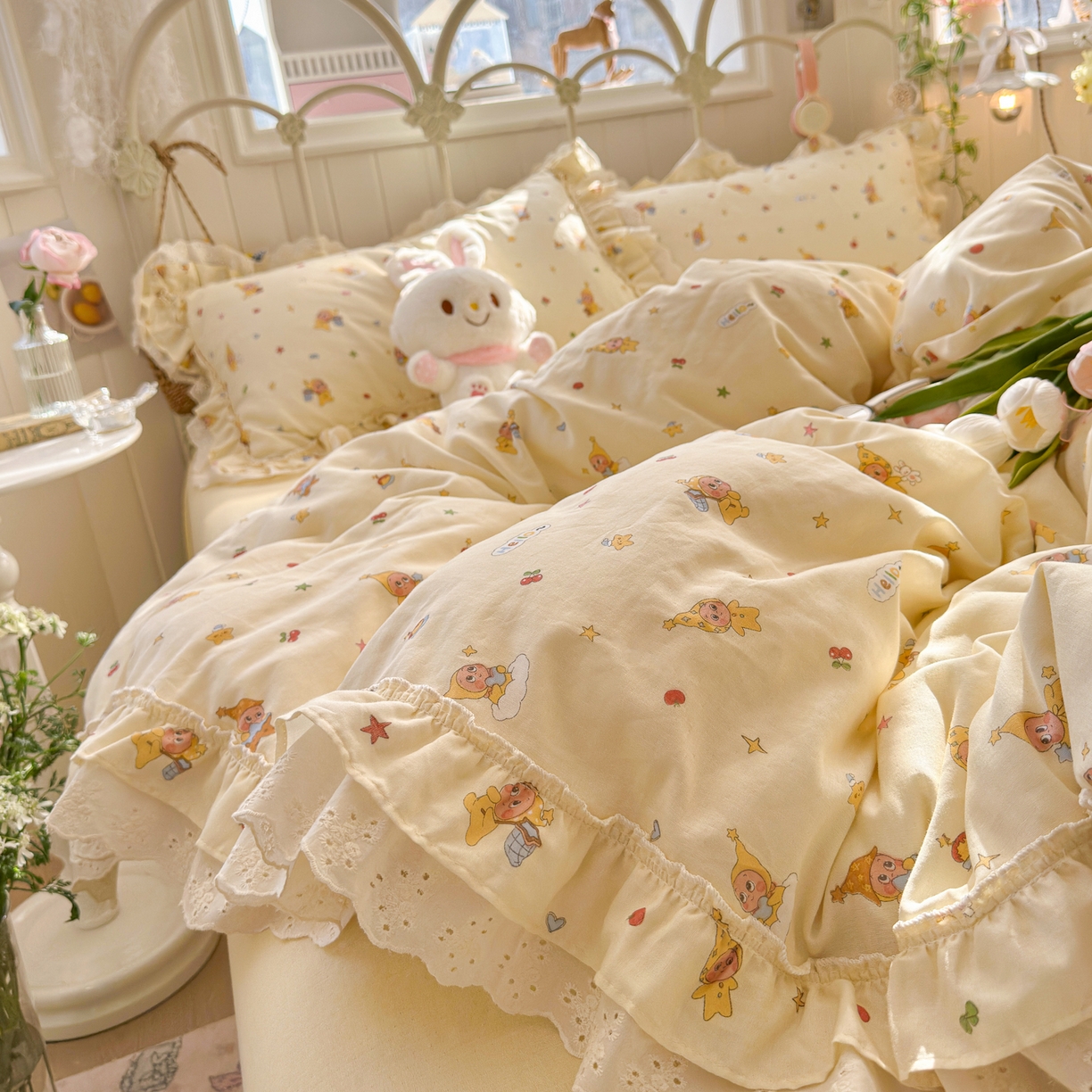 91家纺网 家纺一手货源 找家纺 锦彩家居 2026新款A类全棉双层纱韩式花边款小清新三件套四件套INS小红书博主风-晚茶与夏系列（提供买家秀） 幸运星星