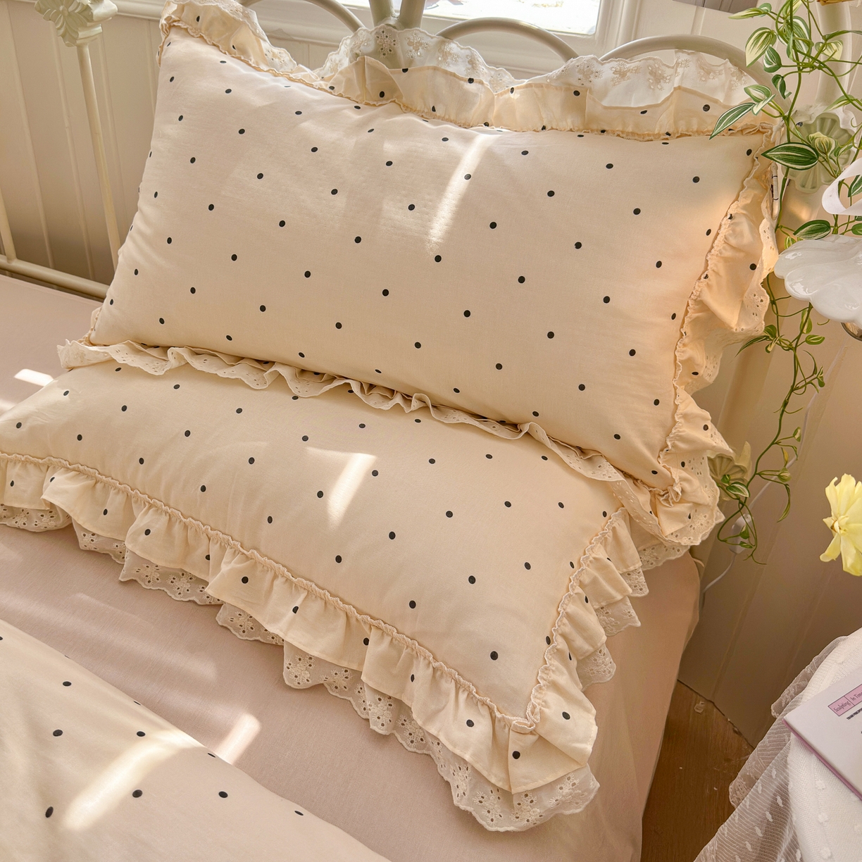 91家纺网 家纺一手货源 找家纺 锦彩家居 2026新款A类全棉双层纱韩式花边款小清新三件套四件套INS小红书博主风-晚茶与夏系列（提供买家秀） 奶霜啵啵