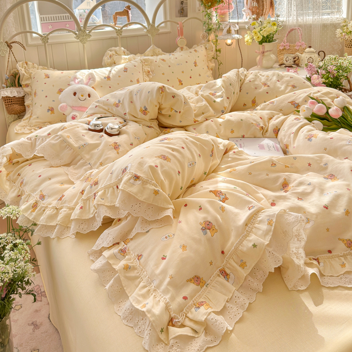 91家纺网 家纺一手货源 找家纺 锦彩家居 2026新款A类全棉双层纱韩式花边款小清新三件套四件套INS小红书博主风-晚茶与夏系列（提供买家秀） 幸运星星