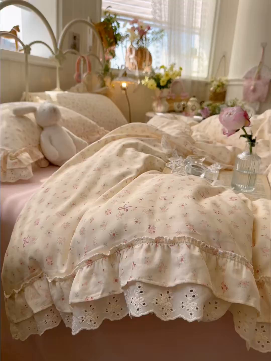 91家纺网 家纺一手货源 找家纺 锦彩家居 2026新款A类全棉双层纱韩式花边款小清新三件套四件套INS小红书博主风-晚茶与夏系列（提供买家秀） 夏日铃兰