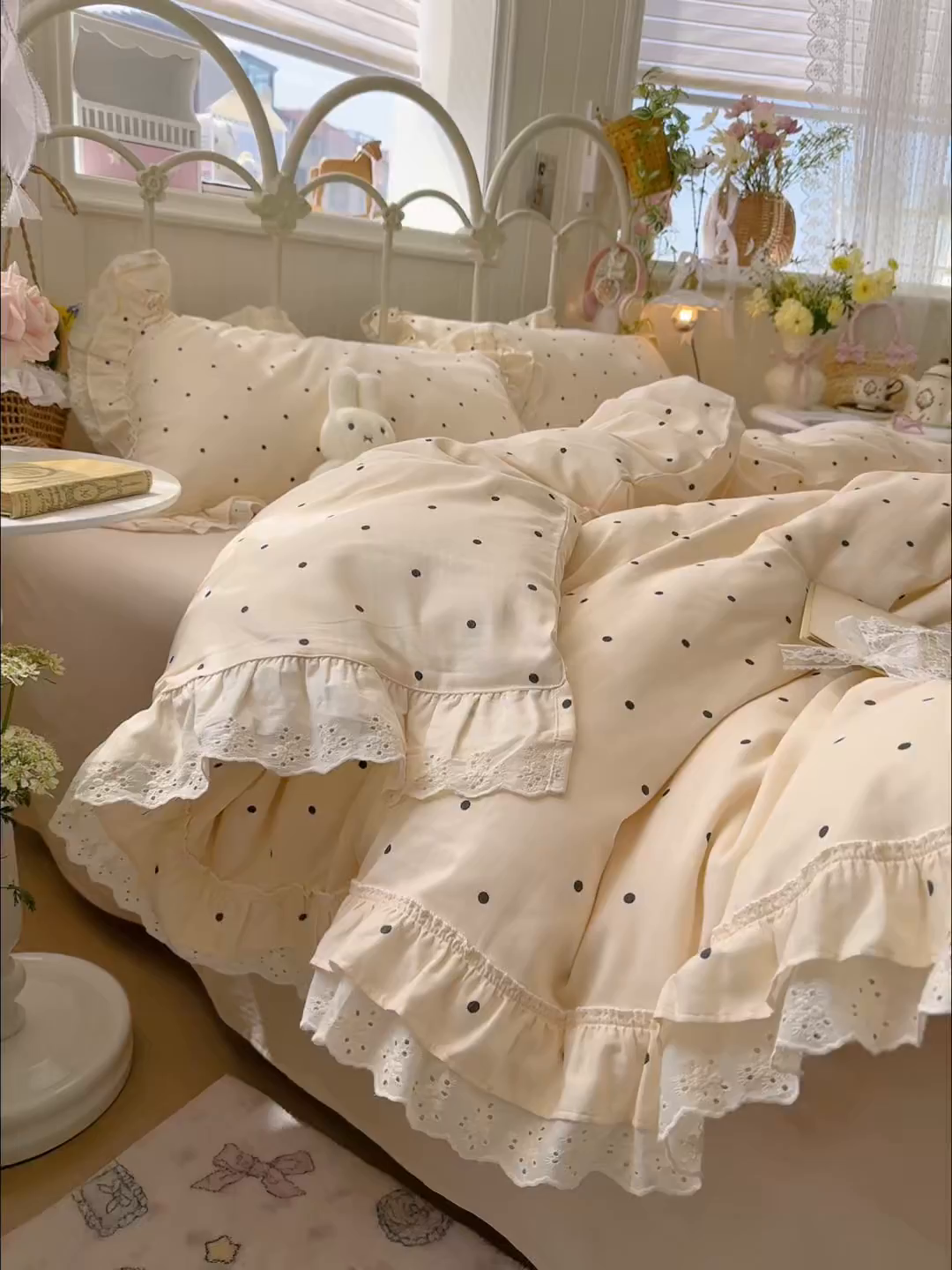 91家纺网 家纺一手货源 找家纺 锦彩家居 2026新款A类全棉双层纱韩式花边款小清新三件套四件套INS小红书博主风-晚茶与夏系列（提供买家秀） 奶霜啵啵