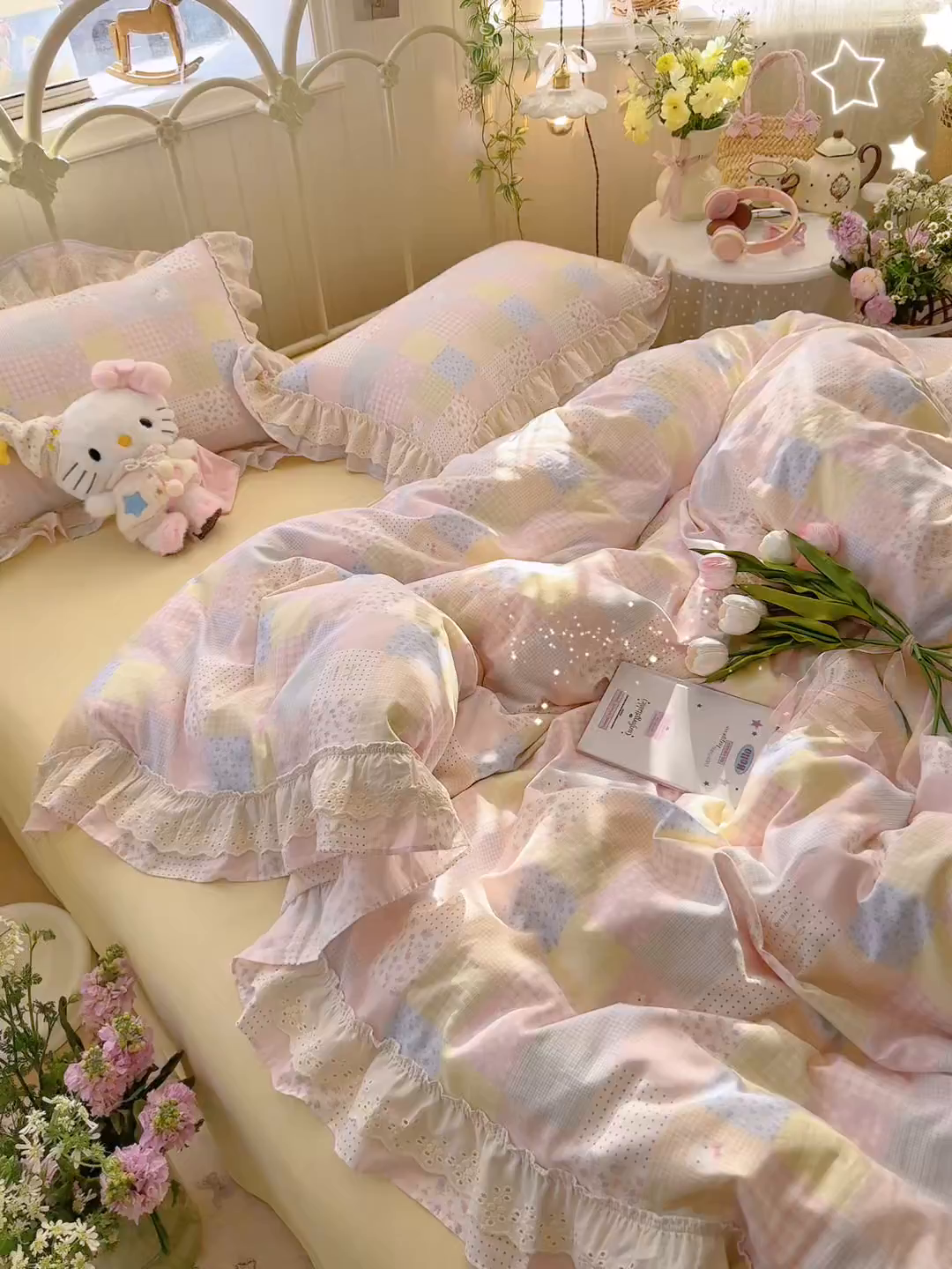 91家纺网 家纺一手货源 找家纺 锦彩家居 2026新款A类全棉双层纱韩式花边款小清新三件套四件套INS小红书博主风-晚茶与夏系列（提供买家秀） 甜心花猫