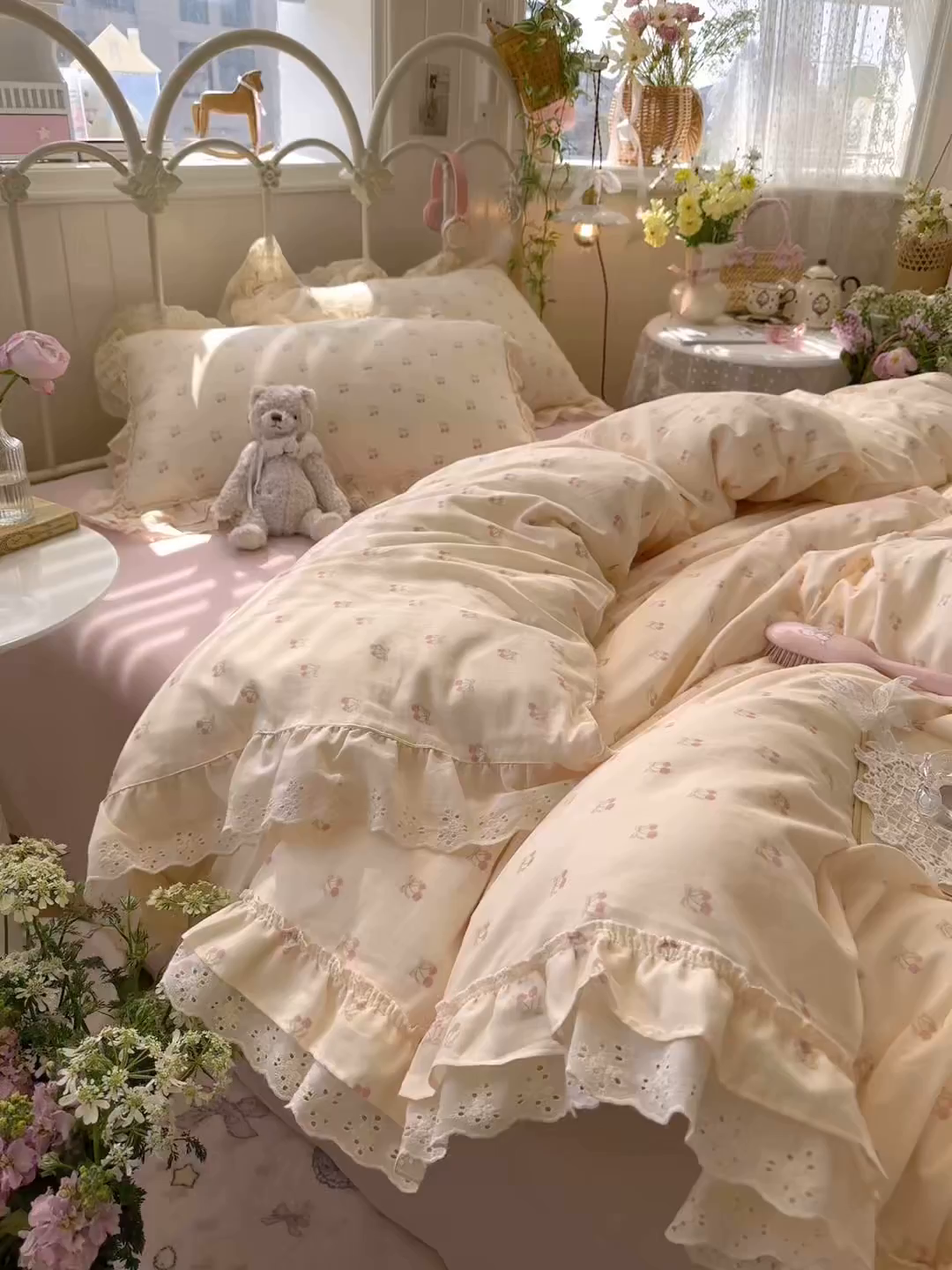91家纺网 家纺一手货源 找家纺 锦彩家居 2026新款A类全棉双层纱韩式花边款小清新三件套四件套INS小红书博主风-晚茶与夏系列（提供买家秀） 桃桃气泡