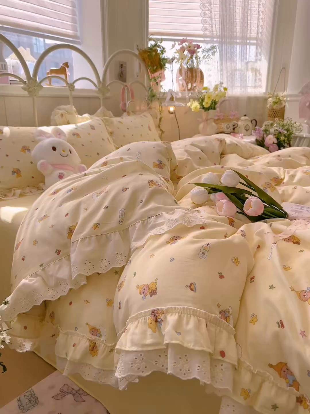 91家纺网 家纺一手货源 找家纺 锦彩家居 2026新款A类全棉双层纱韩式花边款小清新三件套四件套INS小红书博主风-晚茶与夏系列（提供买家秀） 幸运星星