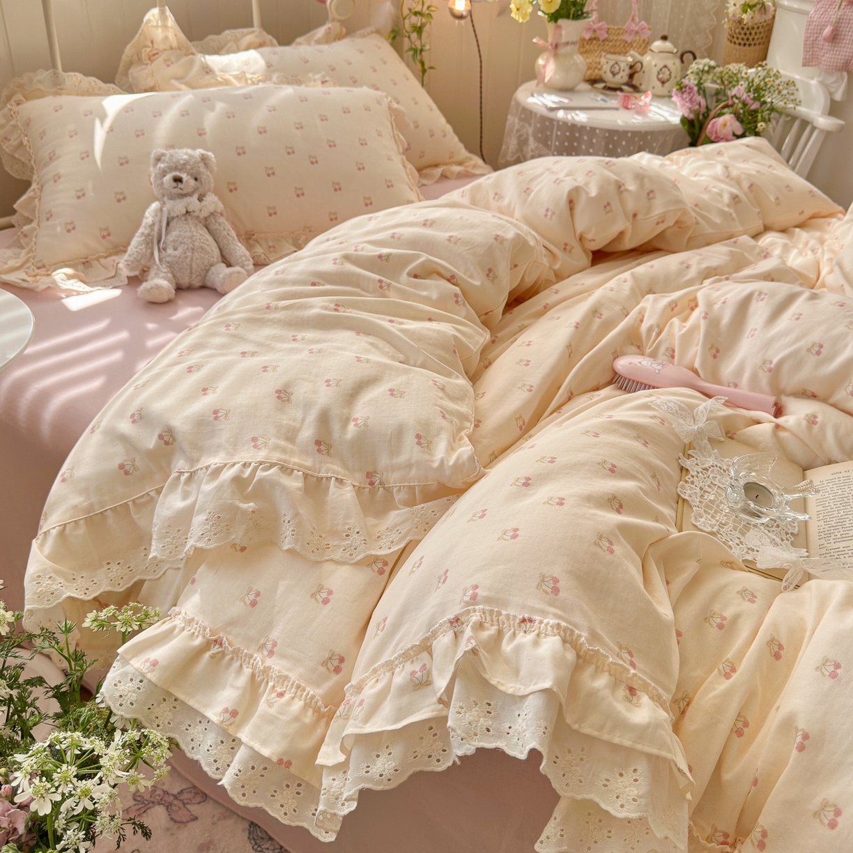 91家纺网 家纺一手货源 找家纺 锦彩家居 2026新款A类全棉双层纱韩式花边款小清新三件套四件套INS小红书博主风-晚茶与夏系列（提供买家秀） 桃桃气泡