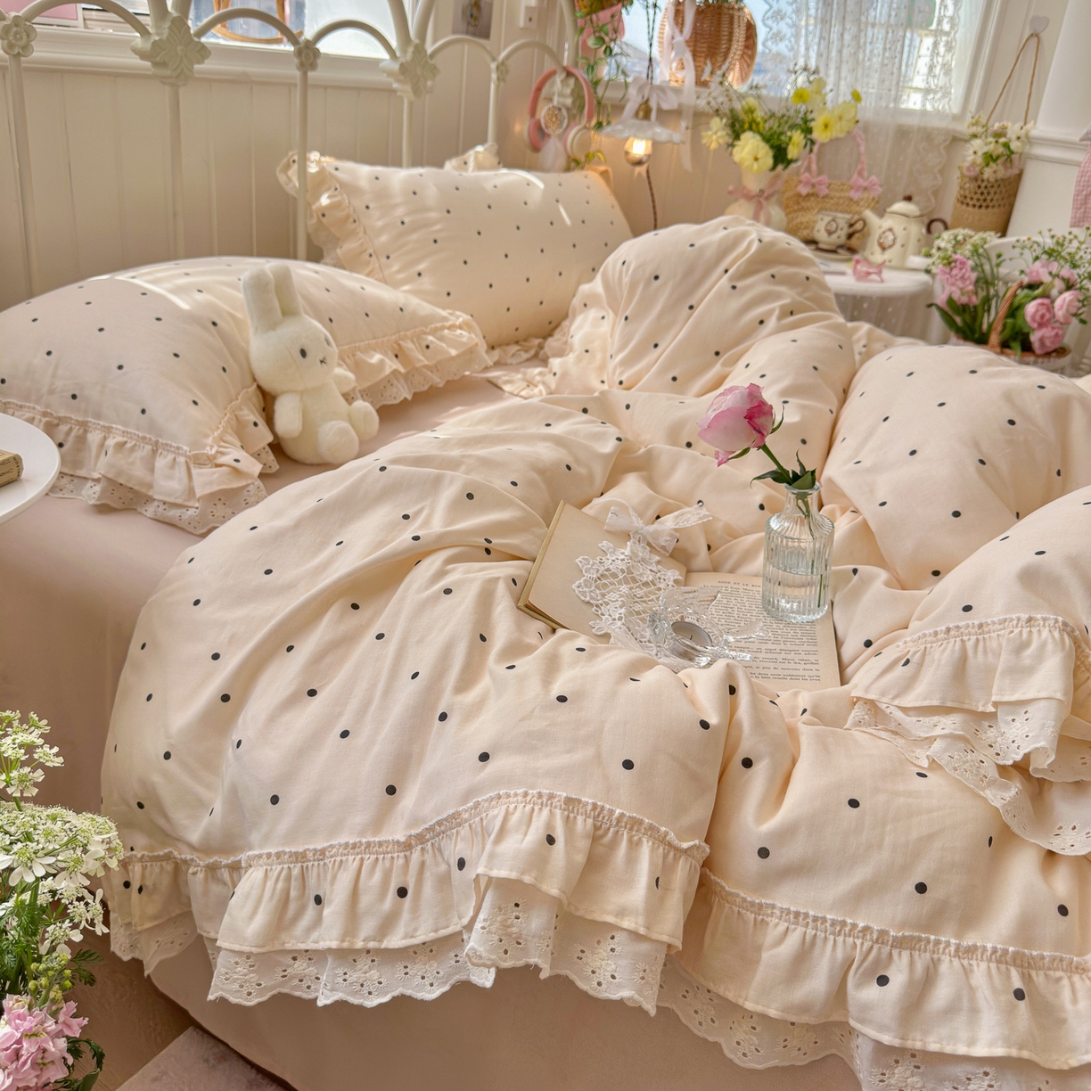 91家纺网 家纺一手货源 找家纺 锦彩家居 2026新款A类全棉双层纱韩式花边款小清新三件套四件套INS小红书博主风-晚茶与夏系列（提供买家秀） 奶霜啵啵