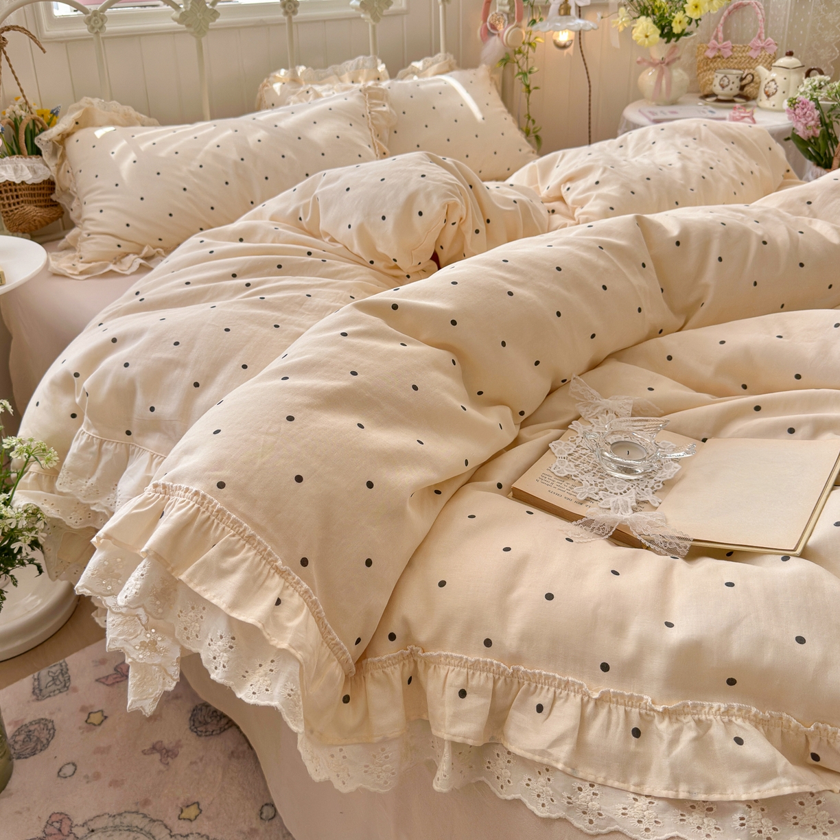 91家纺网 家纺一手货源 找家纺 锦彩家居 2026新款A类全棉双层纱韩式花边款小清新三件套四件套INS小红书博主风-晚茶与夏系列（提供买家秀） 奶霜啵啵