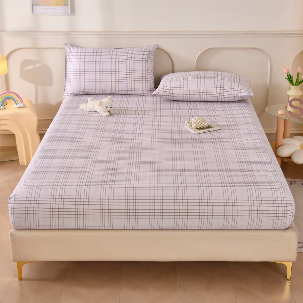 91家纺网 家纺一手货源 找家纺 悠米悠家 2026新款工艺款印花老粗布床笠单品床笠床笠单件凉席席子 紫雾格序