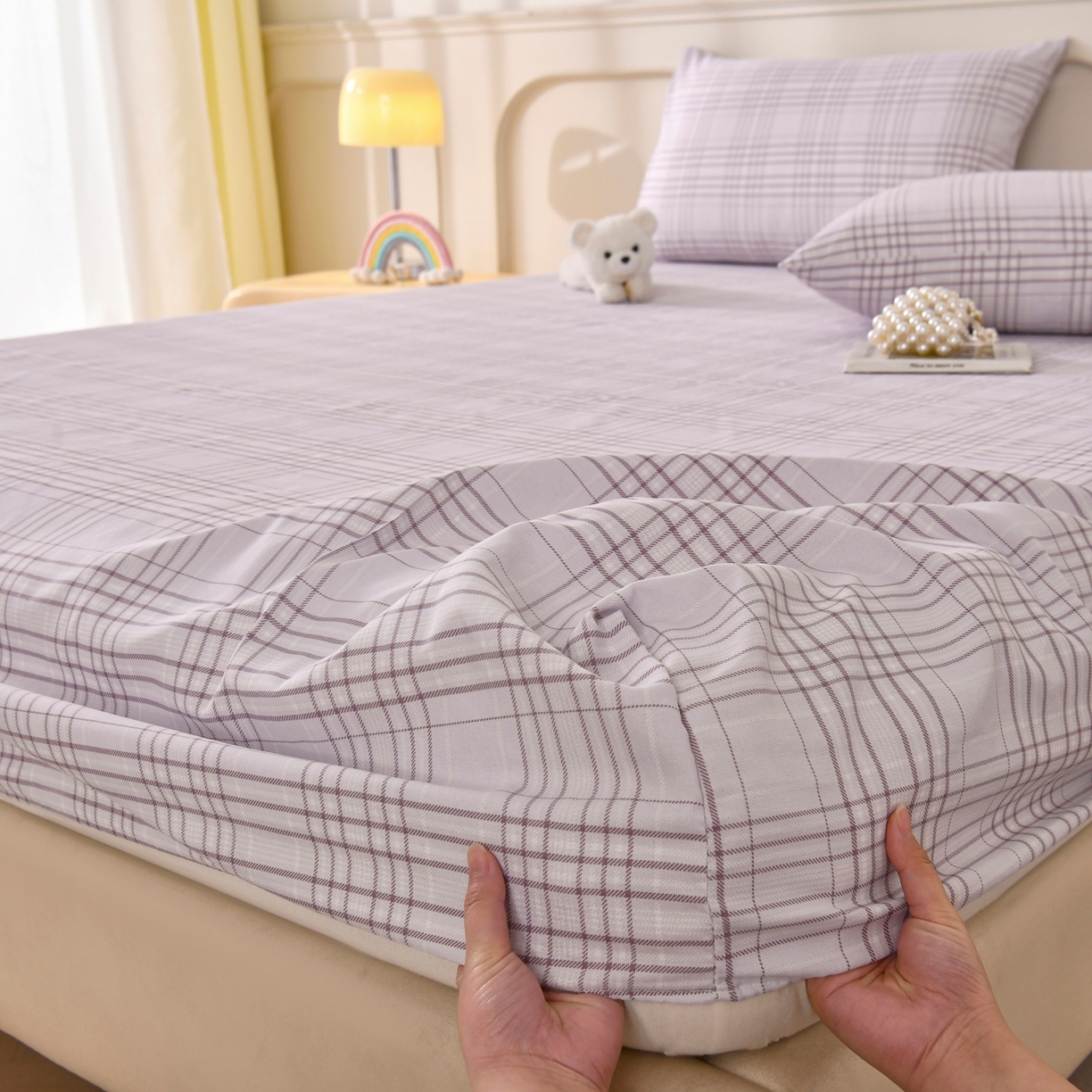 91家纺网 家纺一手货源 找家纺 悠米悠家 2026新款工艺款印花老粗布床笠单品床笠床笠单件凉席席子 紫雾格序