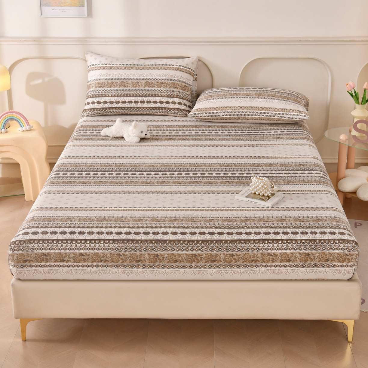 91家纺网 家纺一手货源 找家纺 悠米悠家 2026新款工艺款印花老粗布床笠单品床笠床笠单件凉席席子 棕调波西纹