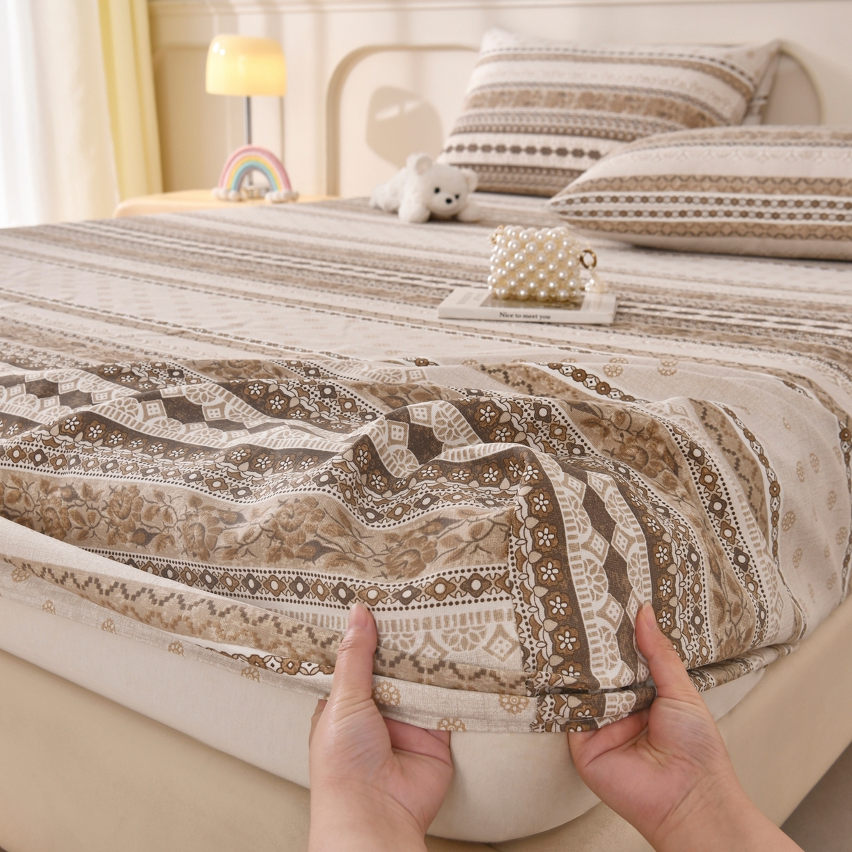 91家纺网 家纺一手货源 找家纺 悠米悠家 2026新款工艺款印花老粗布床笠单品床笠床笠单件凉席席子 棕调波西纹