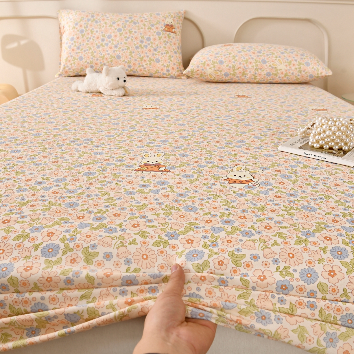 91家纺网 家纺一手货源 找家纺 悠米悠家 2026新款工艺款印花老粗布床笠单品床笠床笠单件凉席席子 春日兔游记