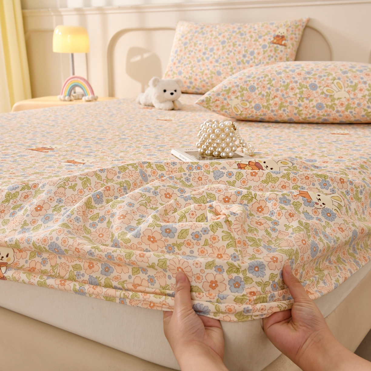 91家纺网 家纺一手货源 找家纺 悠米悠家 2026新款工艺款印花老粗布床笠单品床笠床笠单件凉席席子 春日兔游记