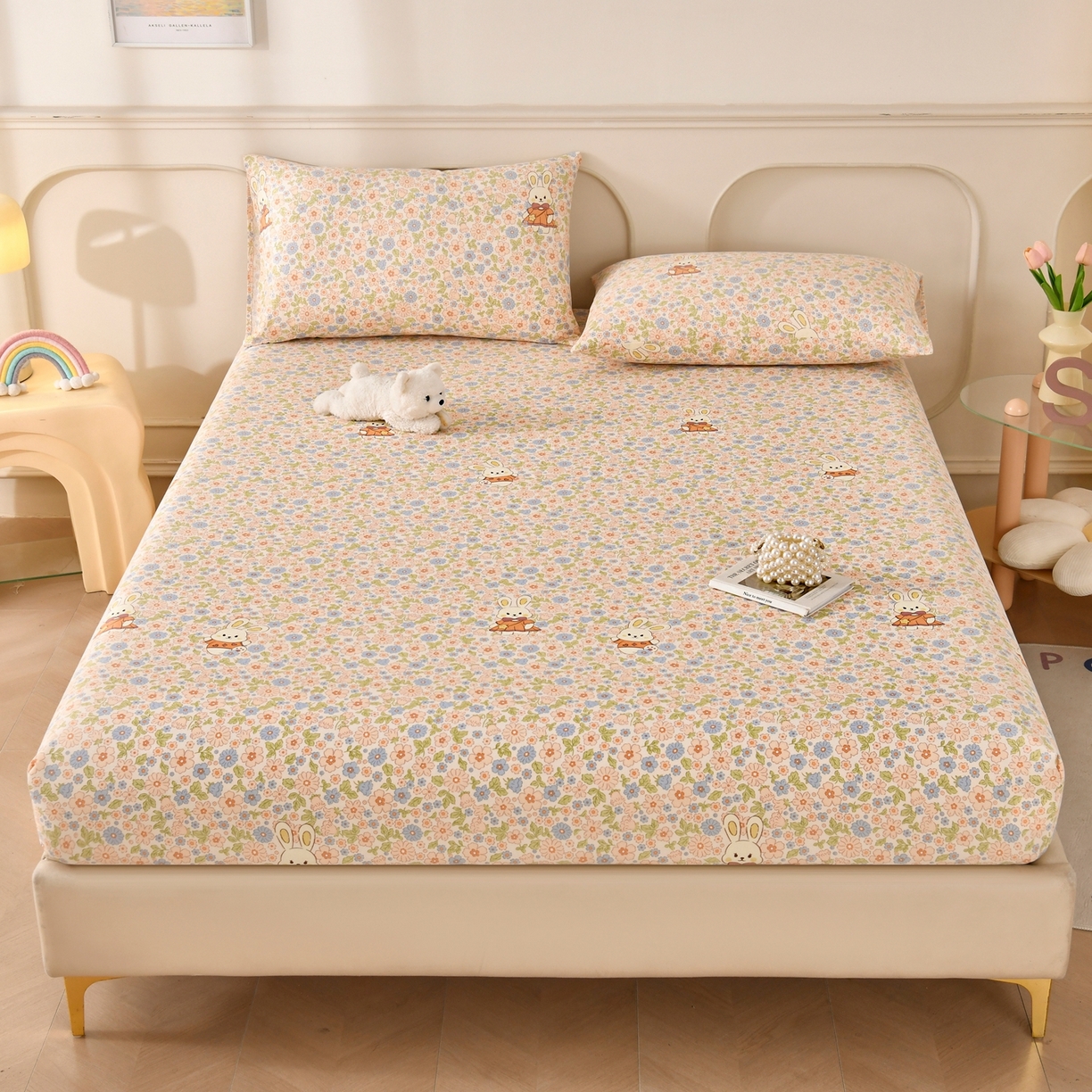 91家纺网 家纺一手货源 找家纺 悠米悠家 2026新款工艺款印花老粗布床笠单品床笠床笠单件凉席席子 春日兔游记