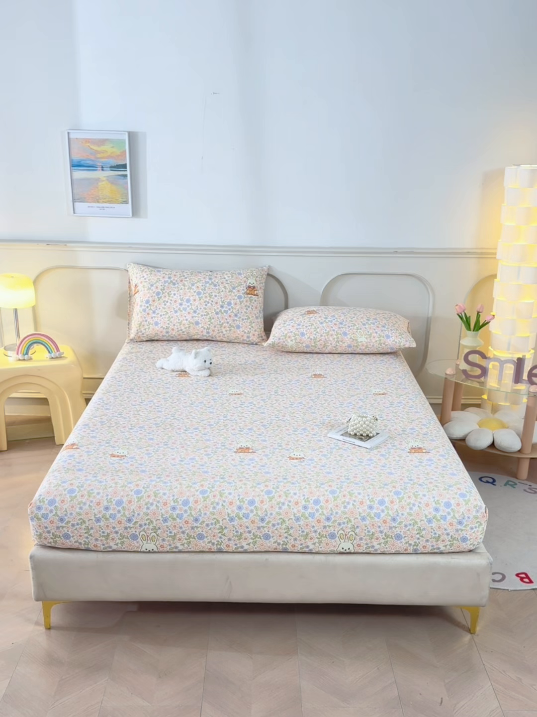 91家纺网 家纺一手货源 找家纺 悠米悠家 2026新款工艺款印花老粗布床笠单品床笠床笠单件凉席席子 春日兔游记