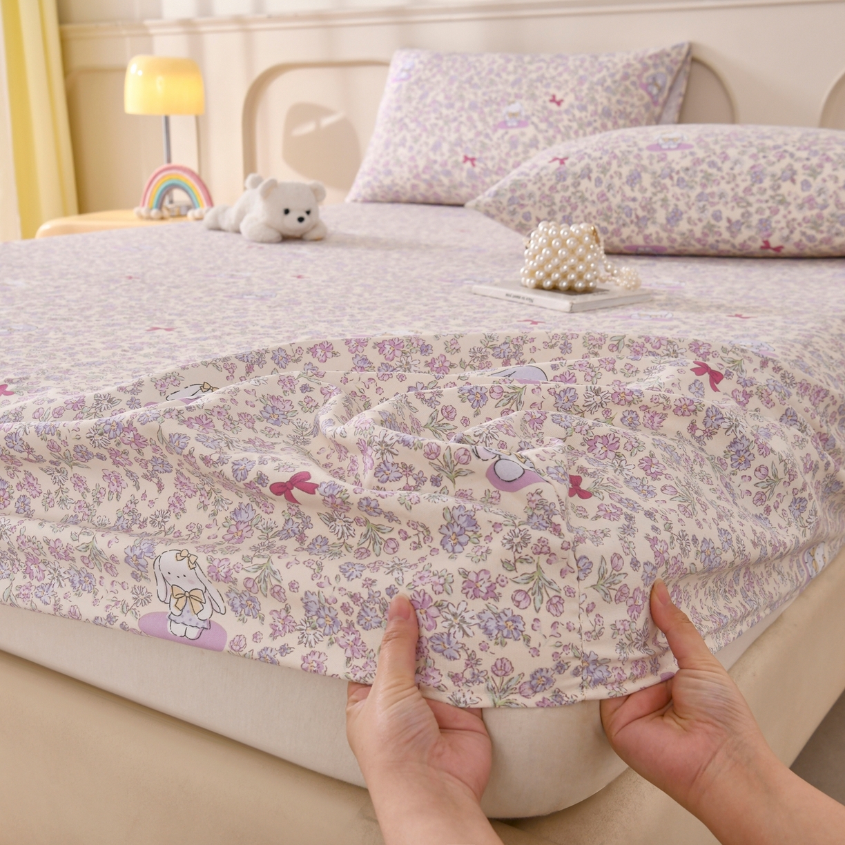 91家纺网 家纺一手货源 找家纺 悠米悠家 2026新款工艺款印花老粗布床笠单品床笠床笠单件凉席席子 花间垂耳兔